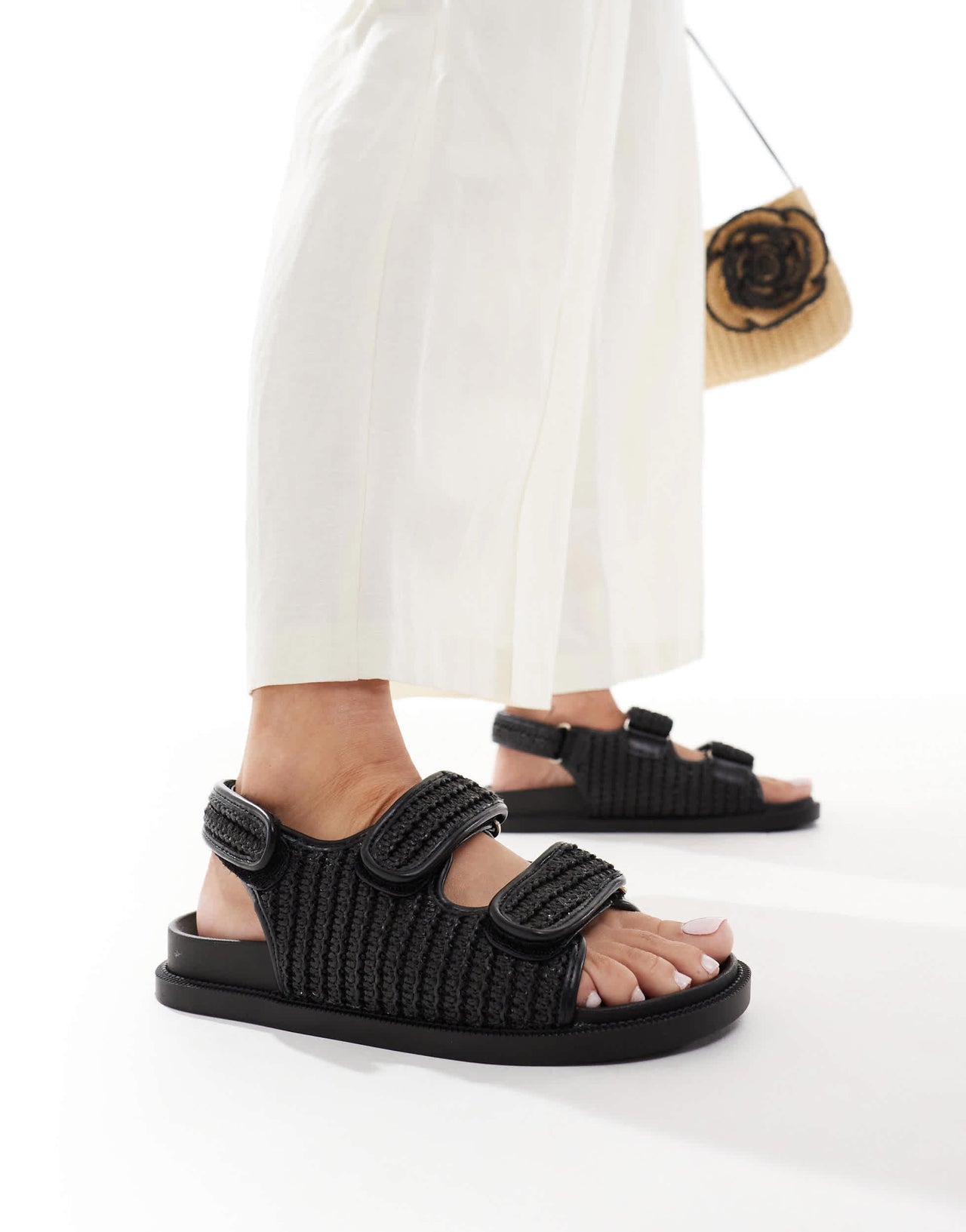 SEQWL Kidman double strap raffia sandal in black