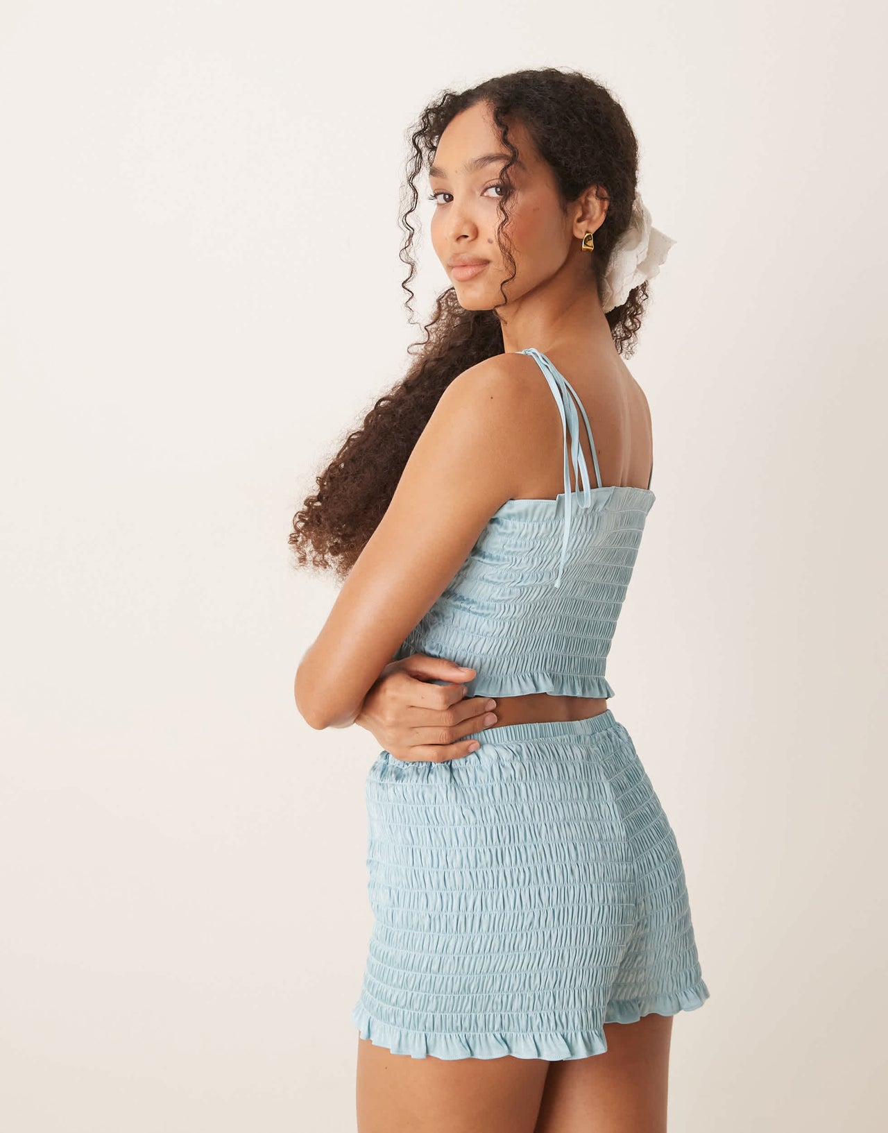 ASOS DESIGN Satin textured cropped cami and short pyjama set in aqua blue