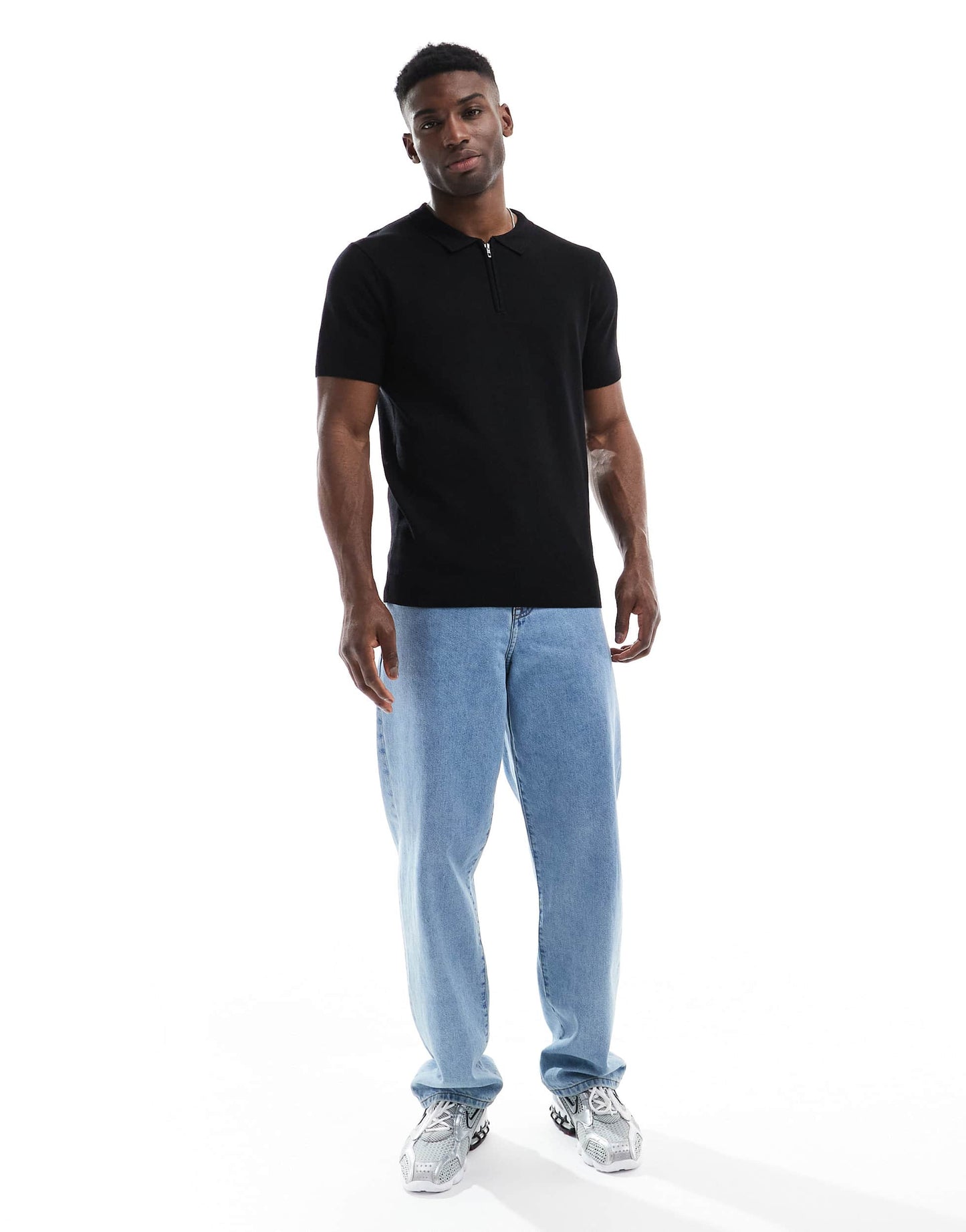 French Connection short sleeve knitted zip polo shirt in black