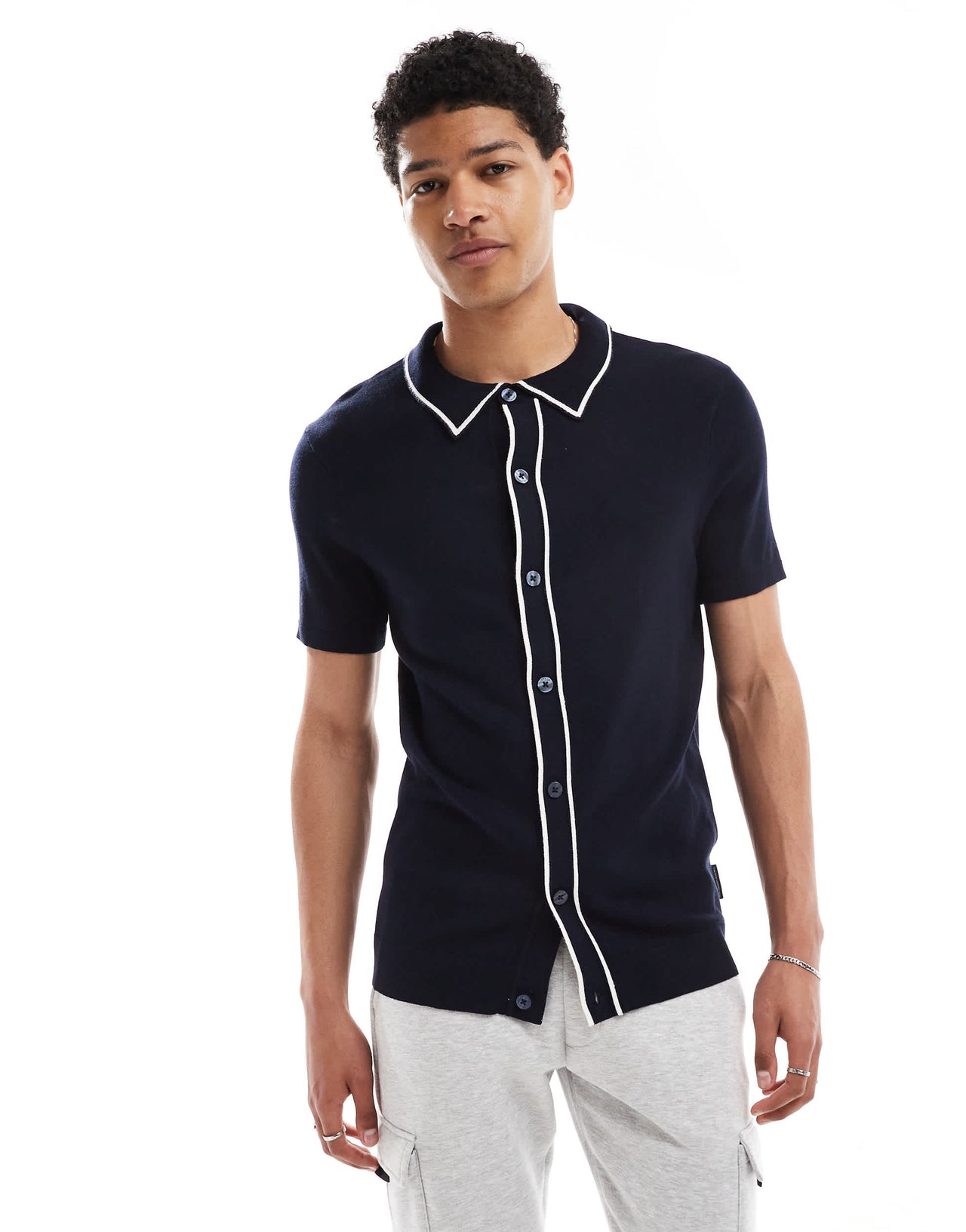 French Connection tipped knitted button through polo in navy and ecru