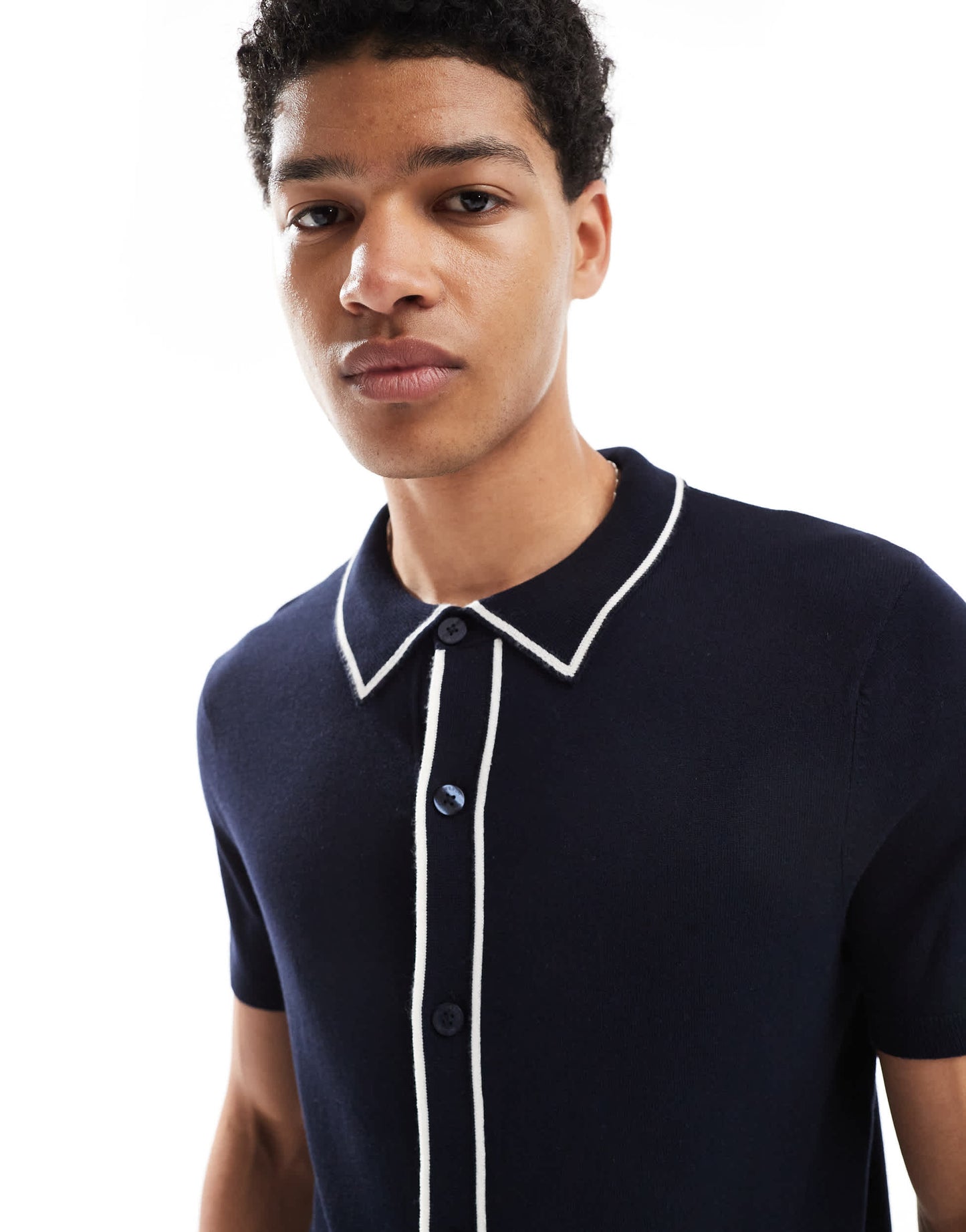 French Connection tipped knitted button through polo in navy and ecru
