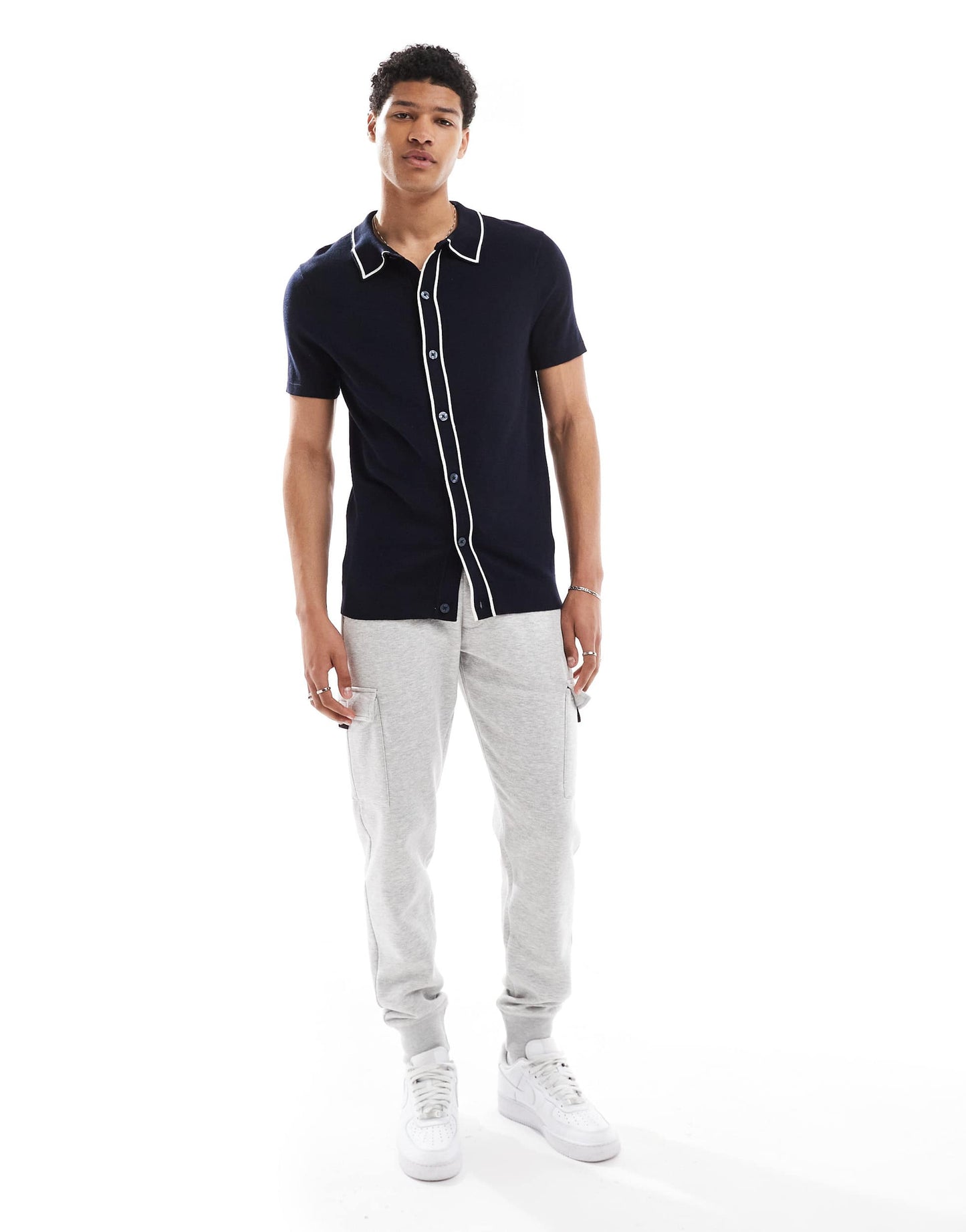 French Connection tipped knitted button through polo in navy and ecru