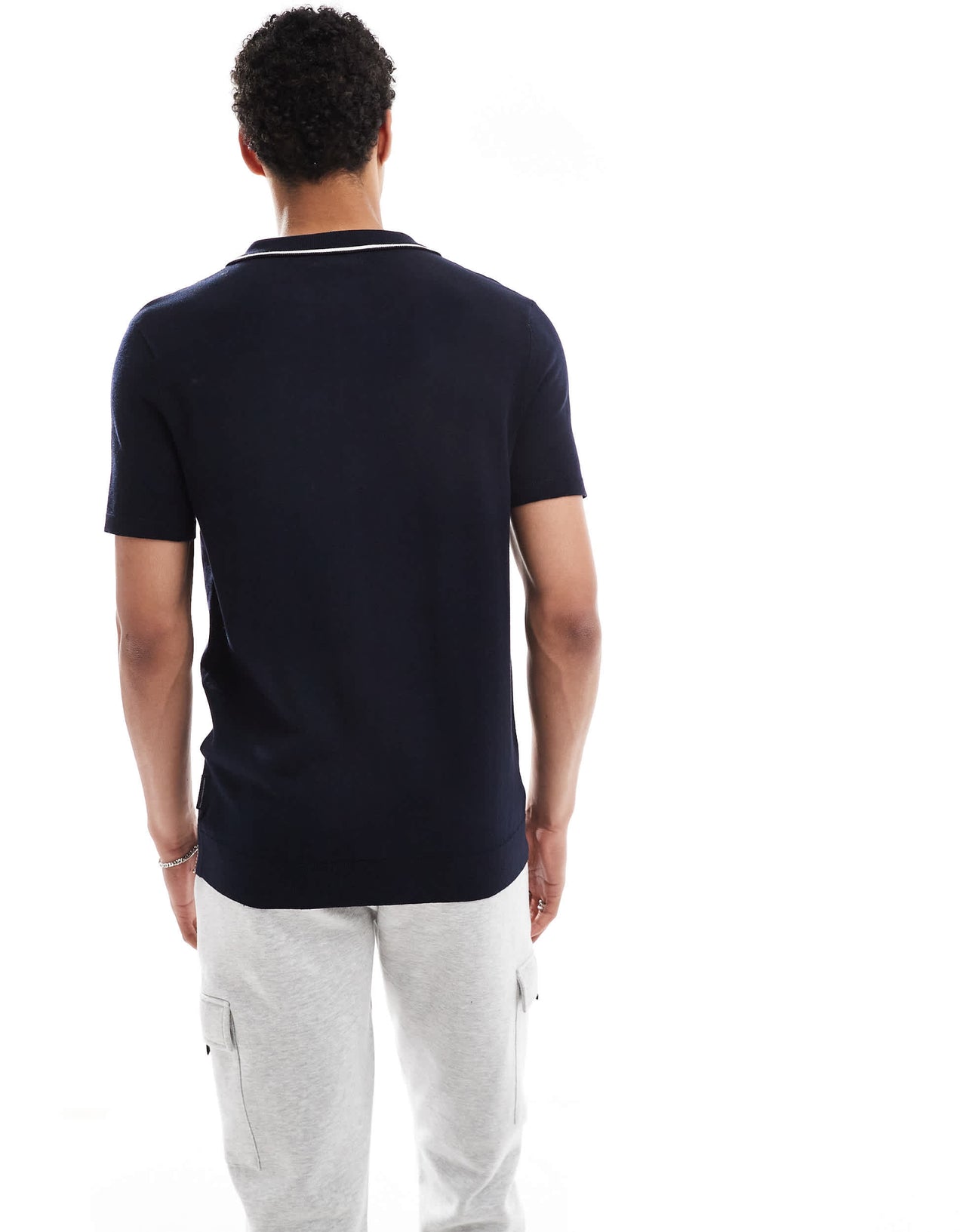 French Connection tipped knitted button through polo in navy and ecru