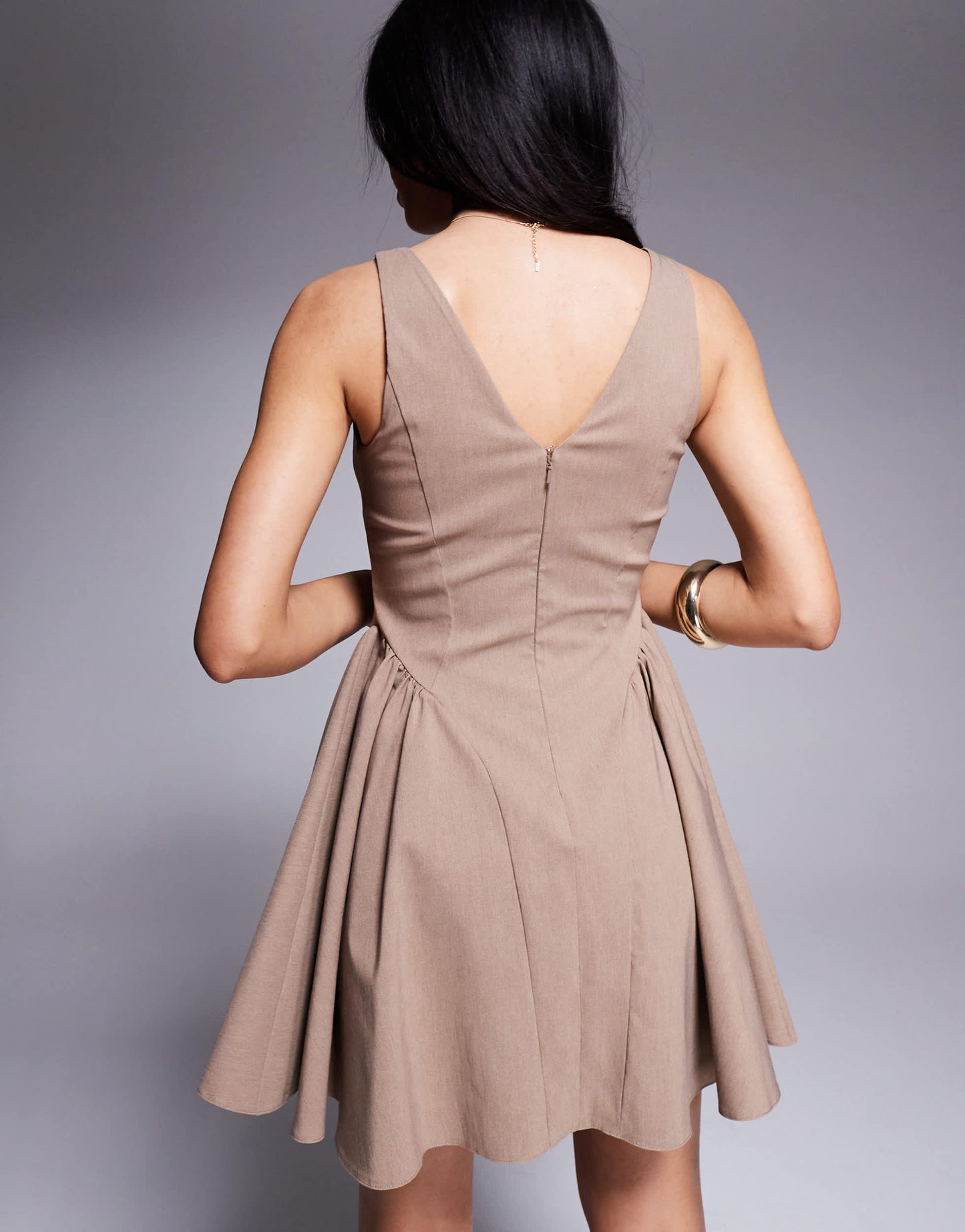 ASOS DESIGN bengaline scoop neck structured flippy mini dress in mocha