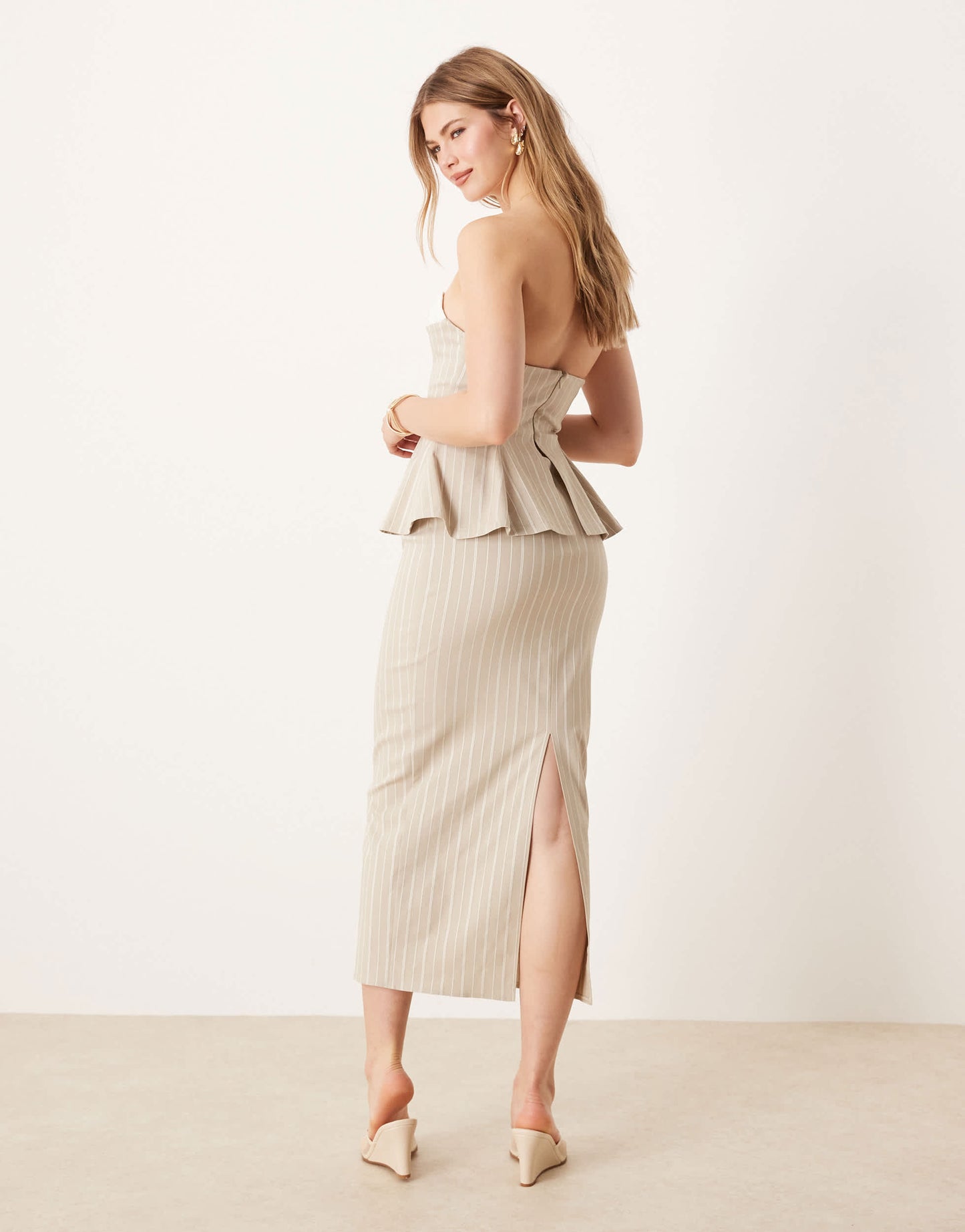 ASOS DESIGN contrast cup bengaline bandeau overlay midi dress in natural stripe