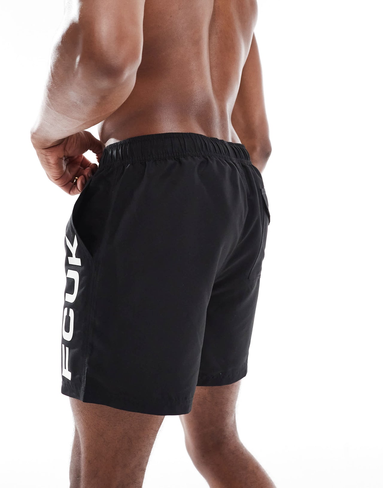 French Connection FCUK logo swim trunks in black and white
