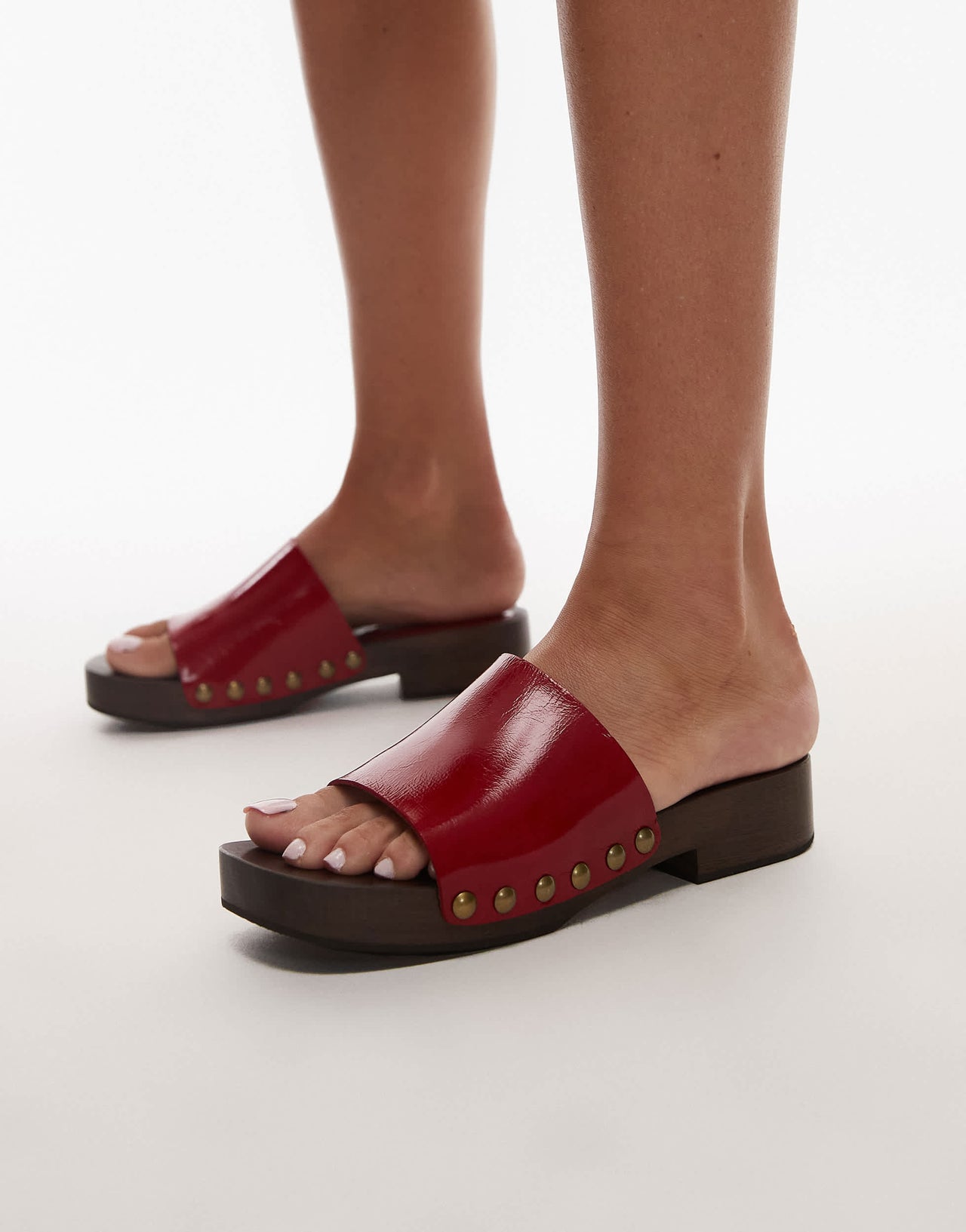 Topshop Premium Harley real leather wooden clog in red