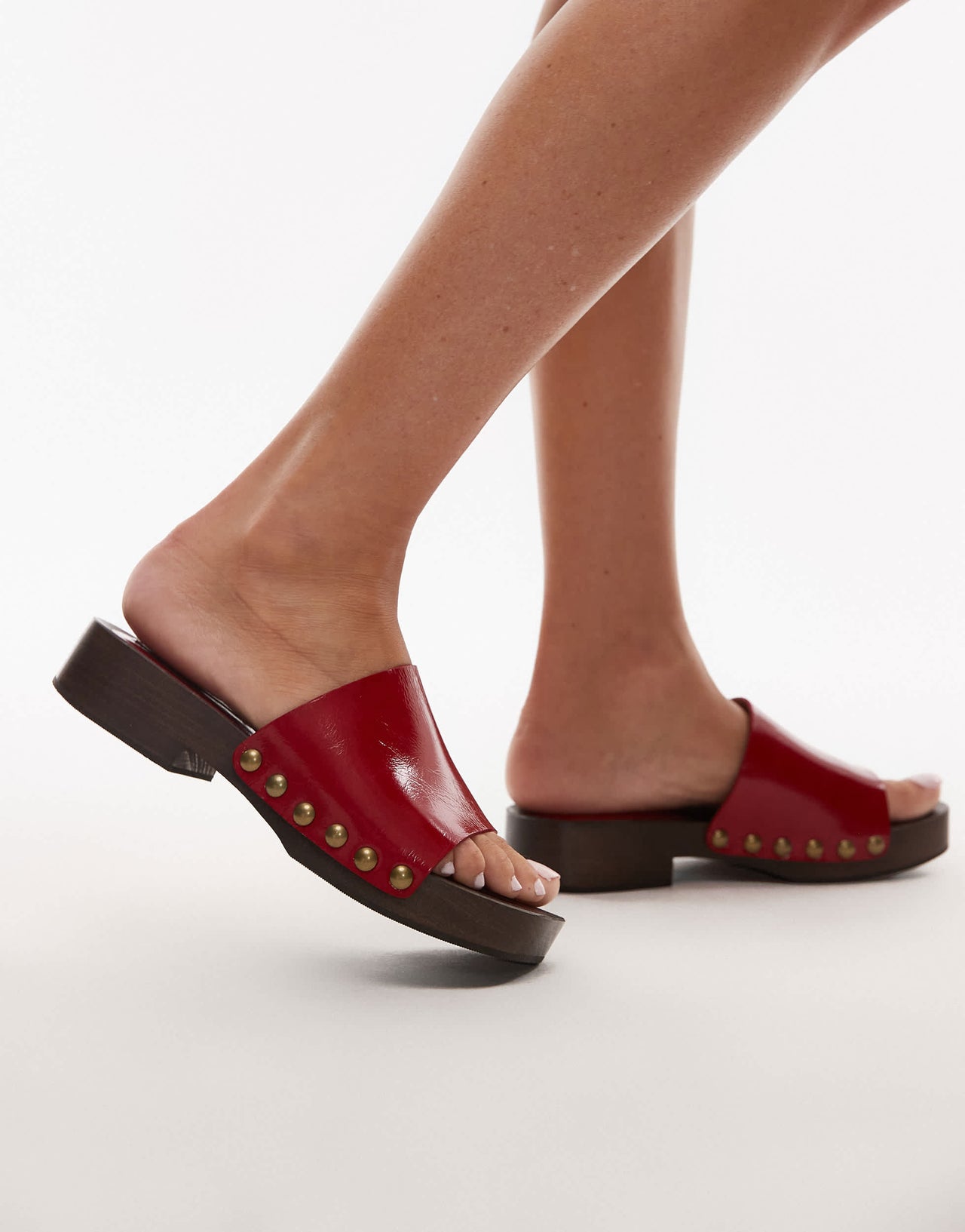 Topshop Premium Harley real leather wooden clog in red
