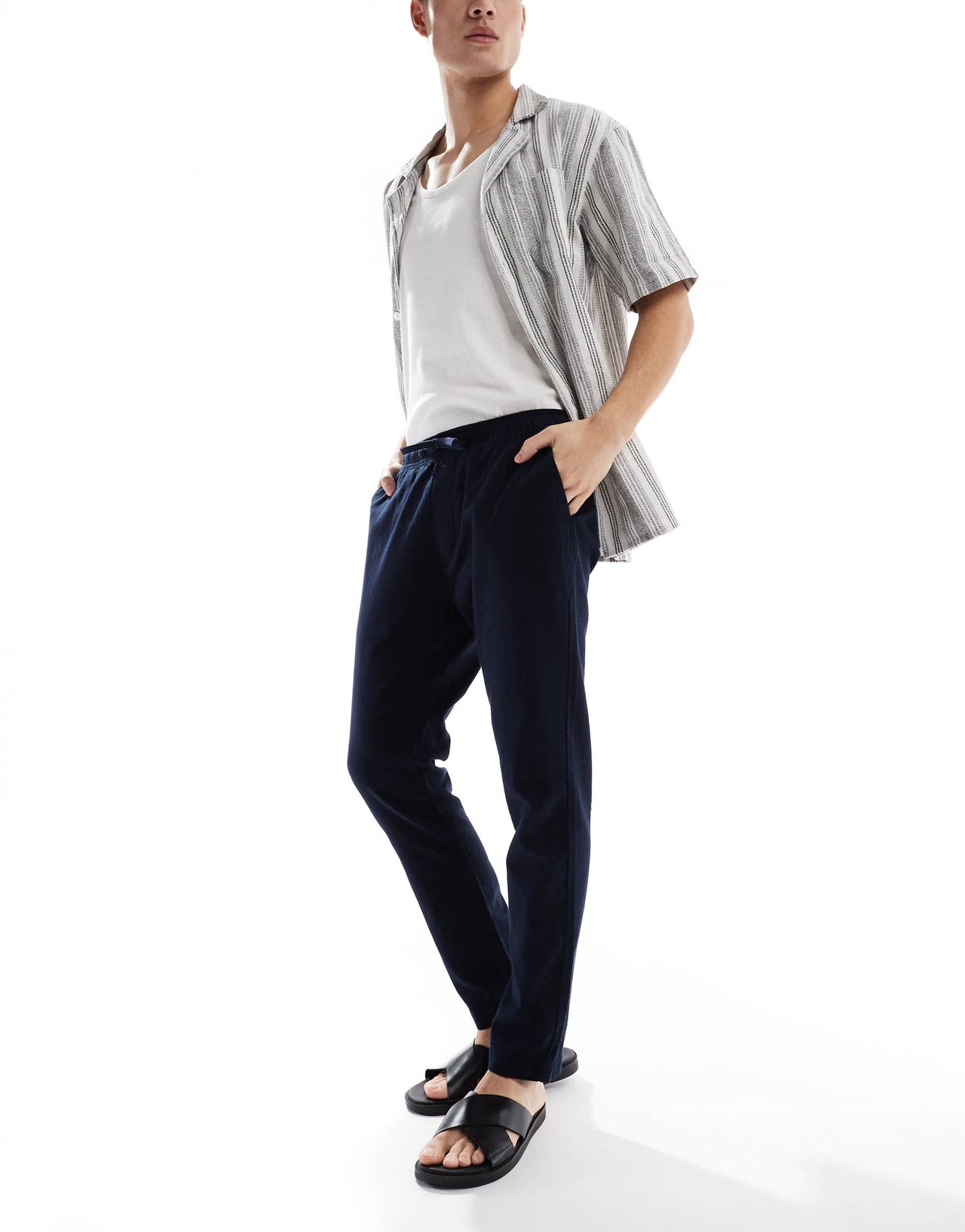 French Connection drawstring linen trousers in navy