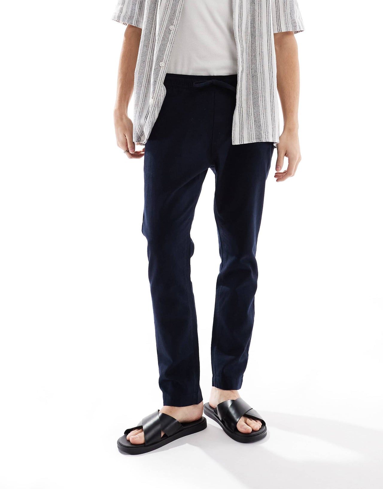 French Connection drawstring linen trousers in navy