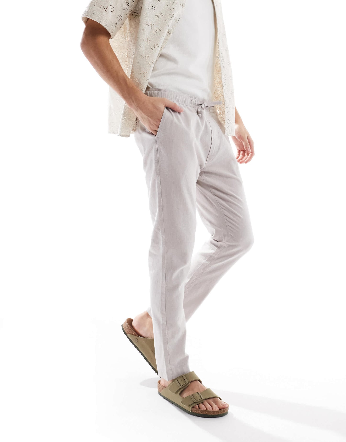 French Connection drawstring linen trousers in stone