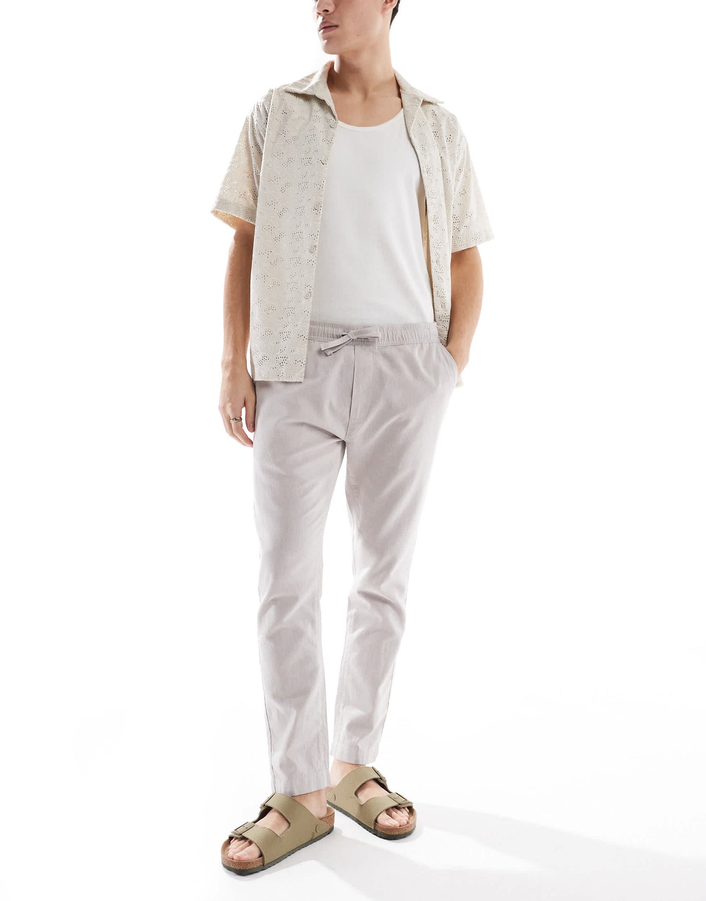 French Connection drawstring linen trousers in stone
