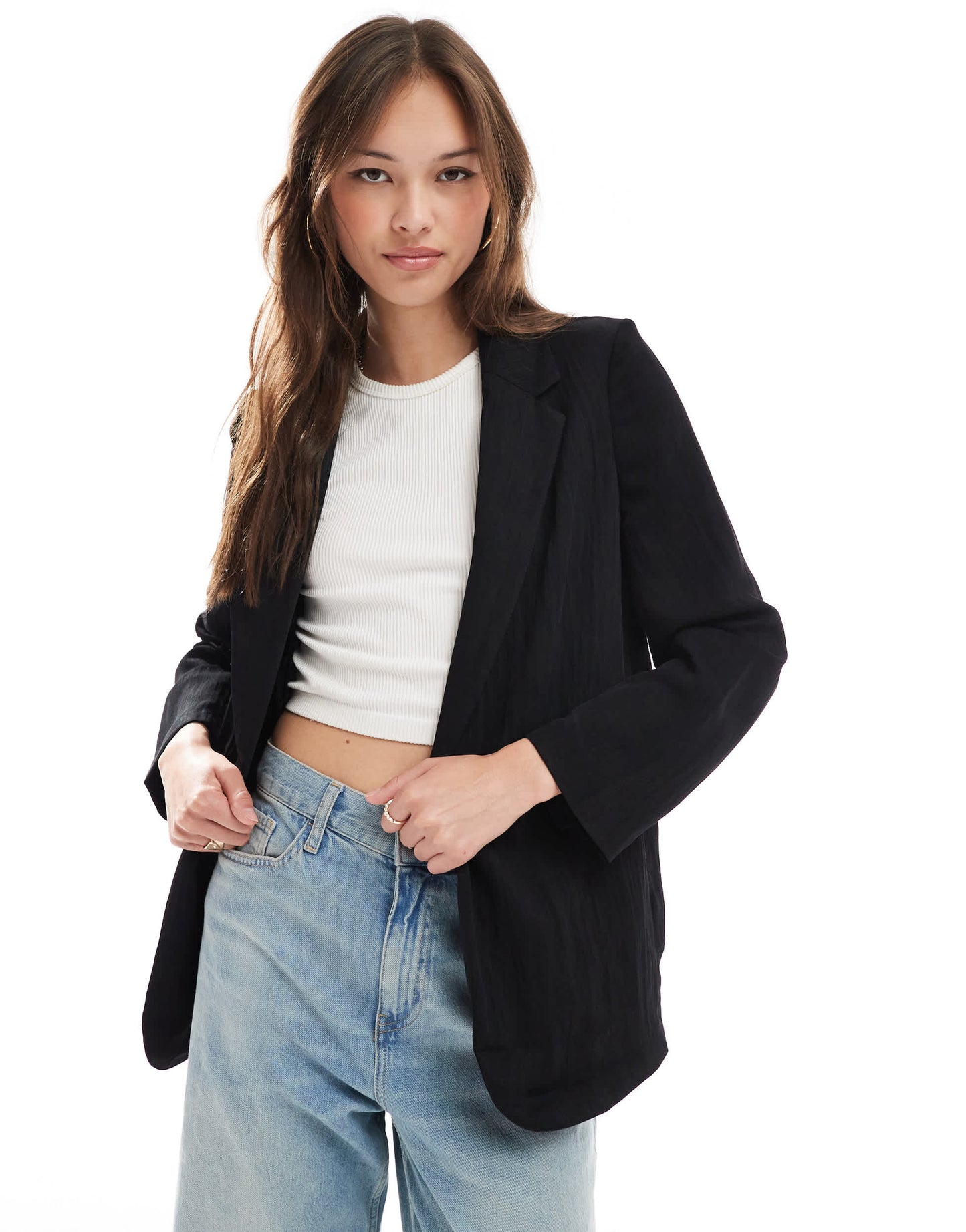 Stradivarius crinkle blazer in black