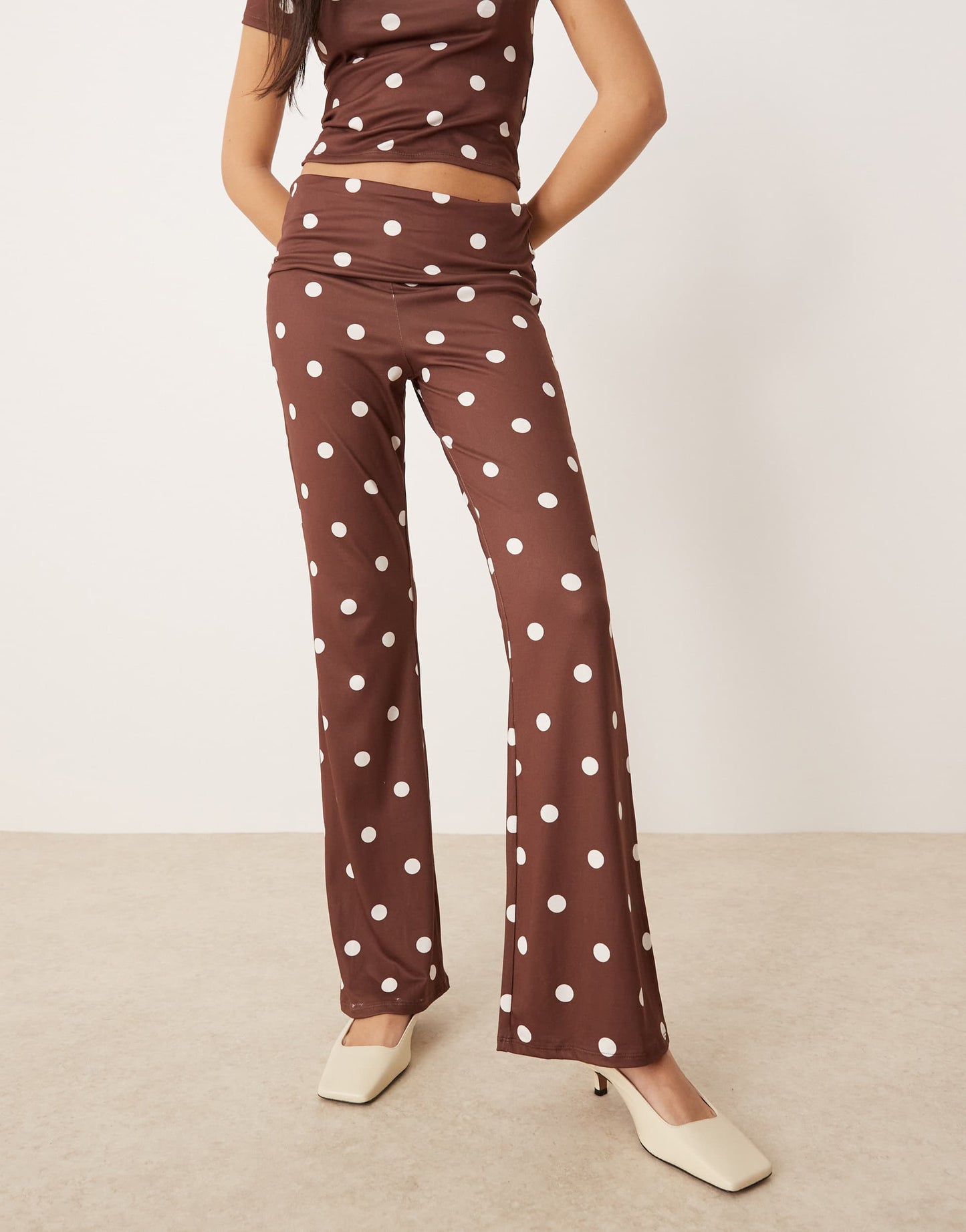 ASOS DESIGN co-ord flare trouser in brown polka dot