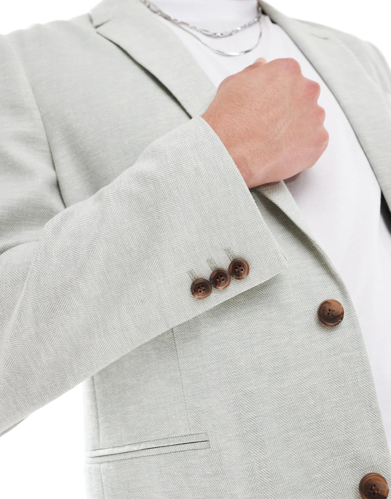 ASOS DESIGN slim suit jacket with linen in light green herringbone