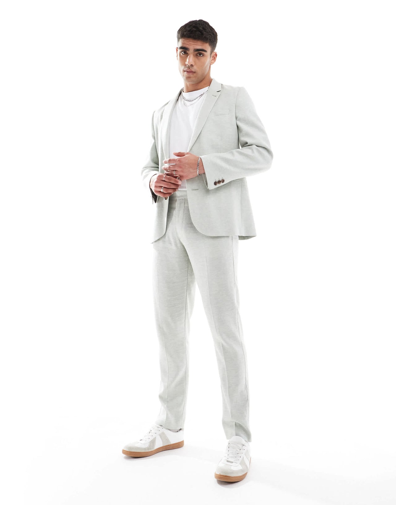 ASOS DESIGN slim suit jacket with linen in light green herringbone