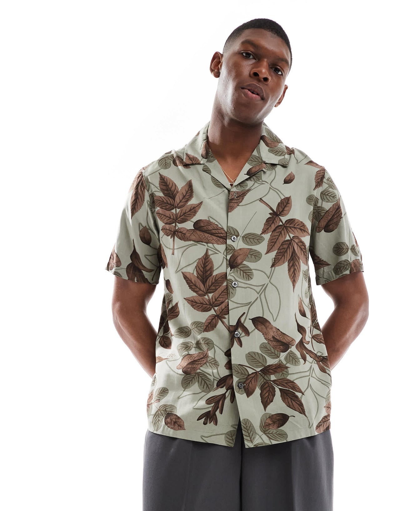 French Connection short sleeve revere shirt in khaki leaf print
