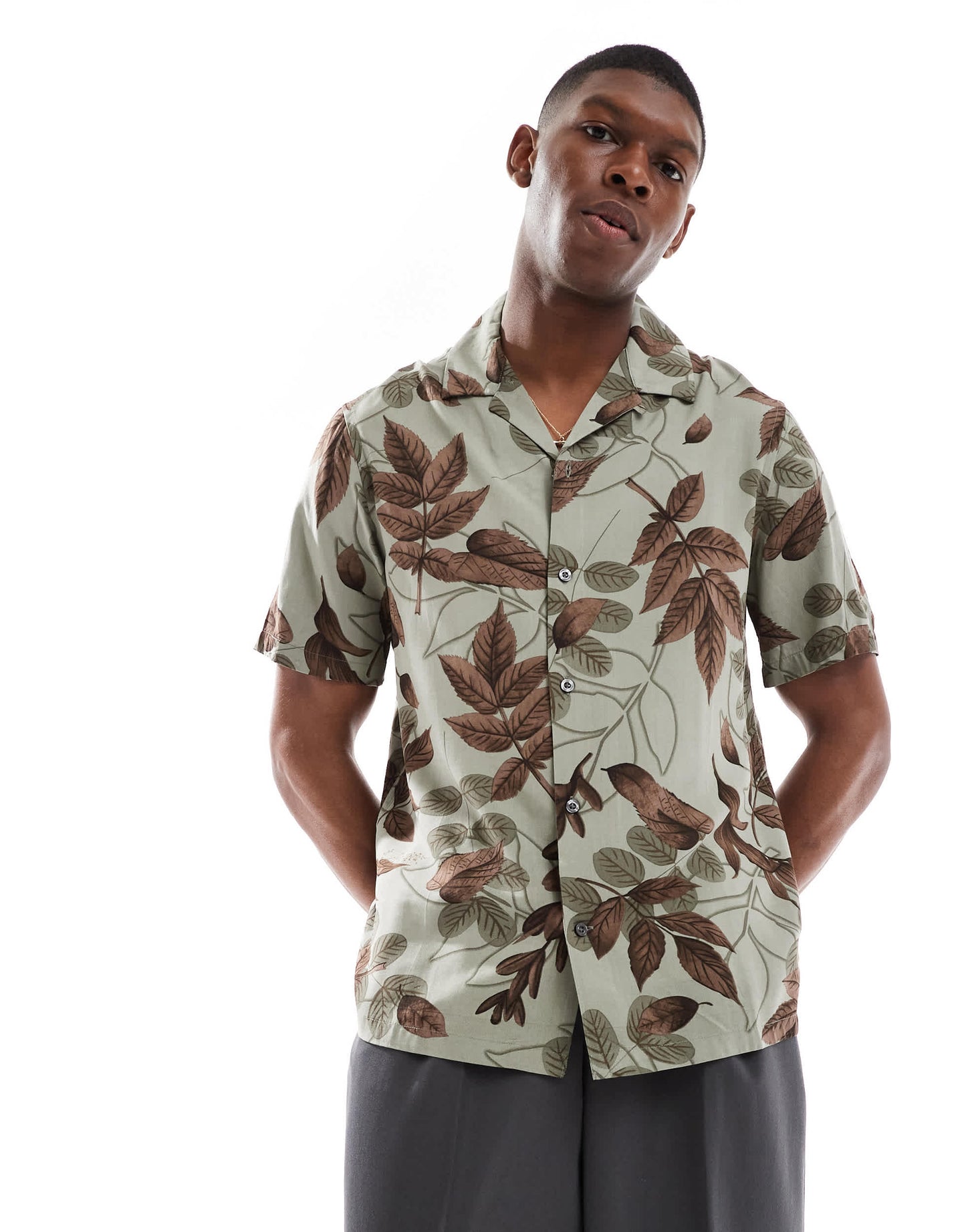 French Connection short sleeve revere shirt in khaki leaf print