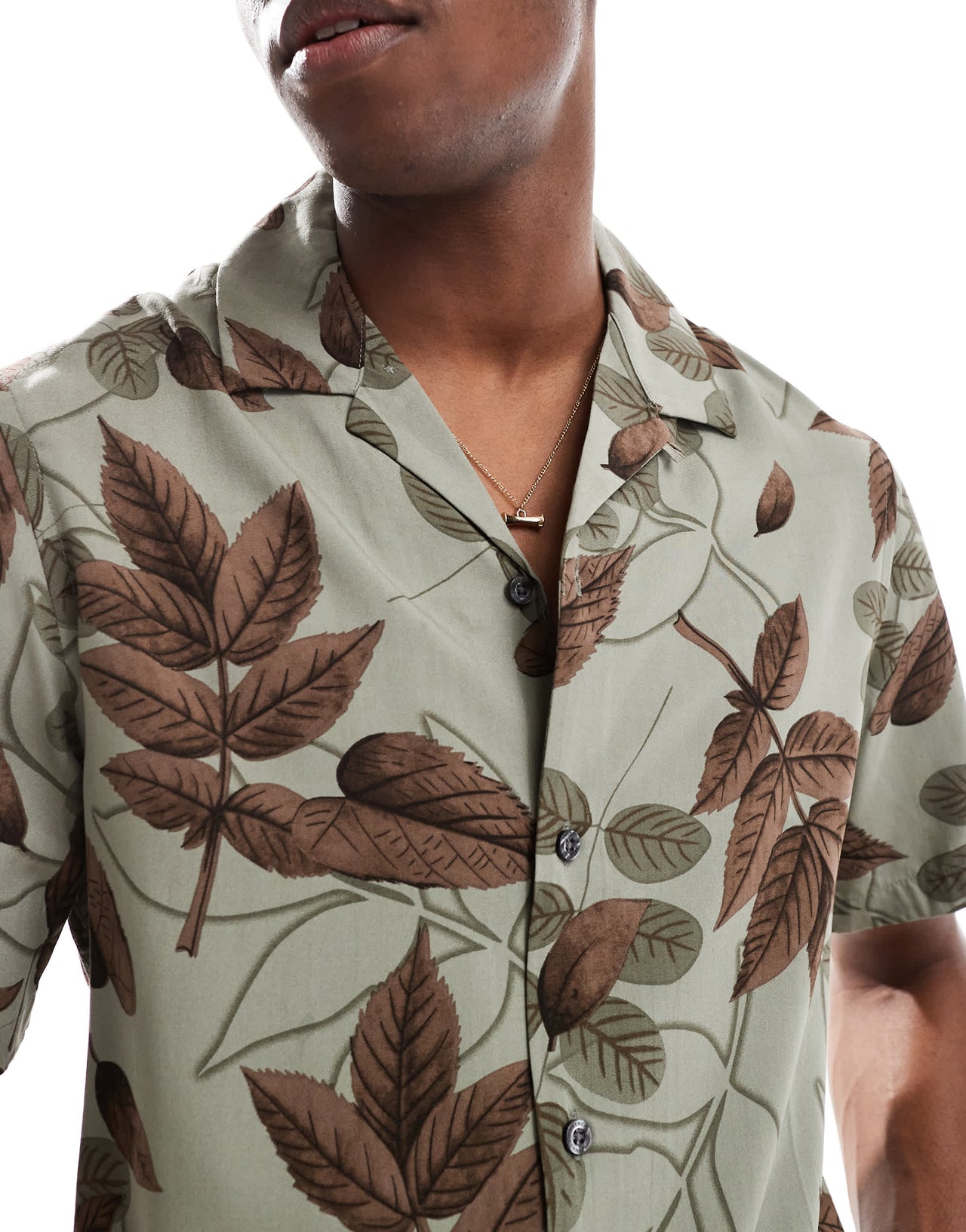 French Connection short sleeve revere shirt in khaki leaf print