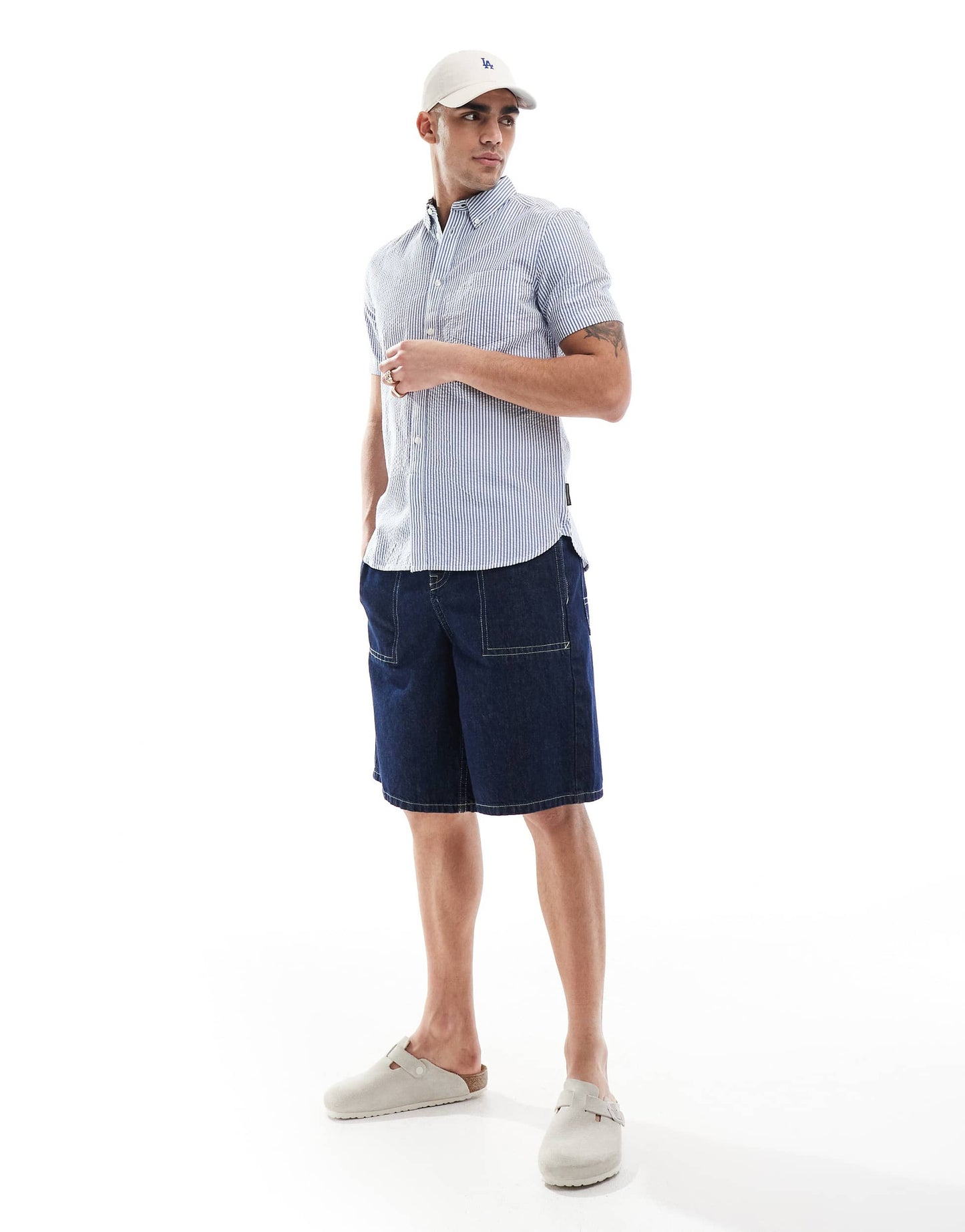 French Connection short sleeve linen pocket shirt in blue seersucker