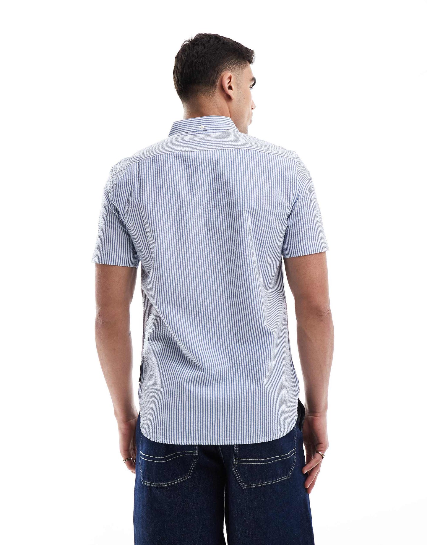 French Connection short sleeve linen pocket shirt in blue seersucker