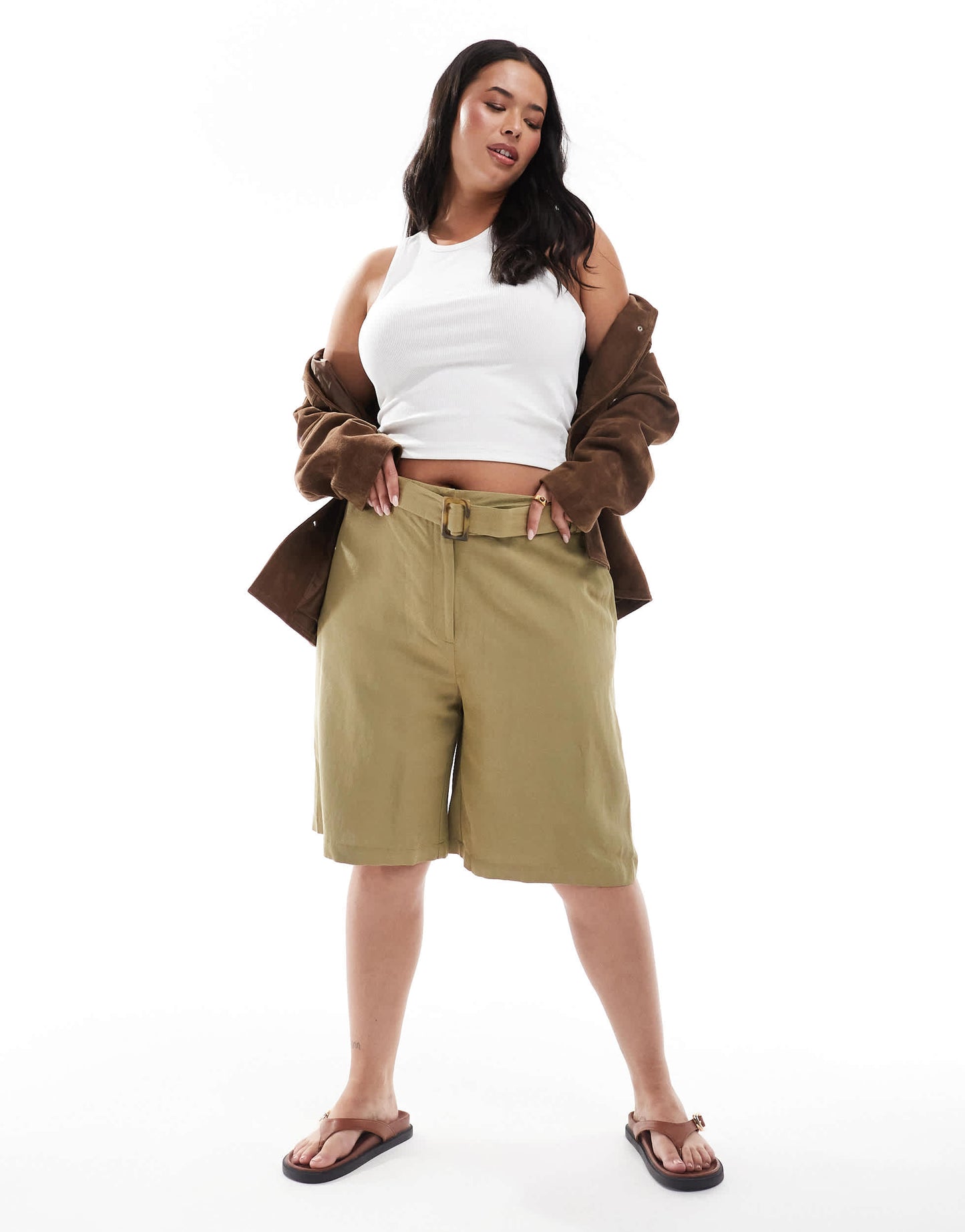 ASOS DESIGN Curve tailored longline belted city shorts with linen in khaki