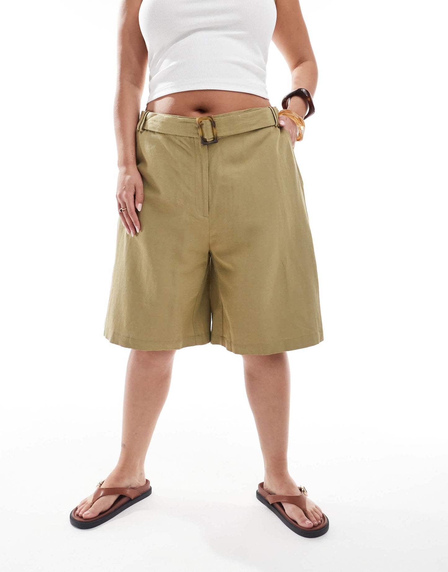 ASOS DESIGN Curve tailored longline belted city shorts with linen in khaki