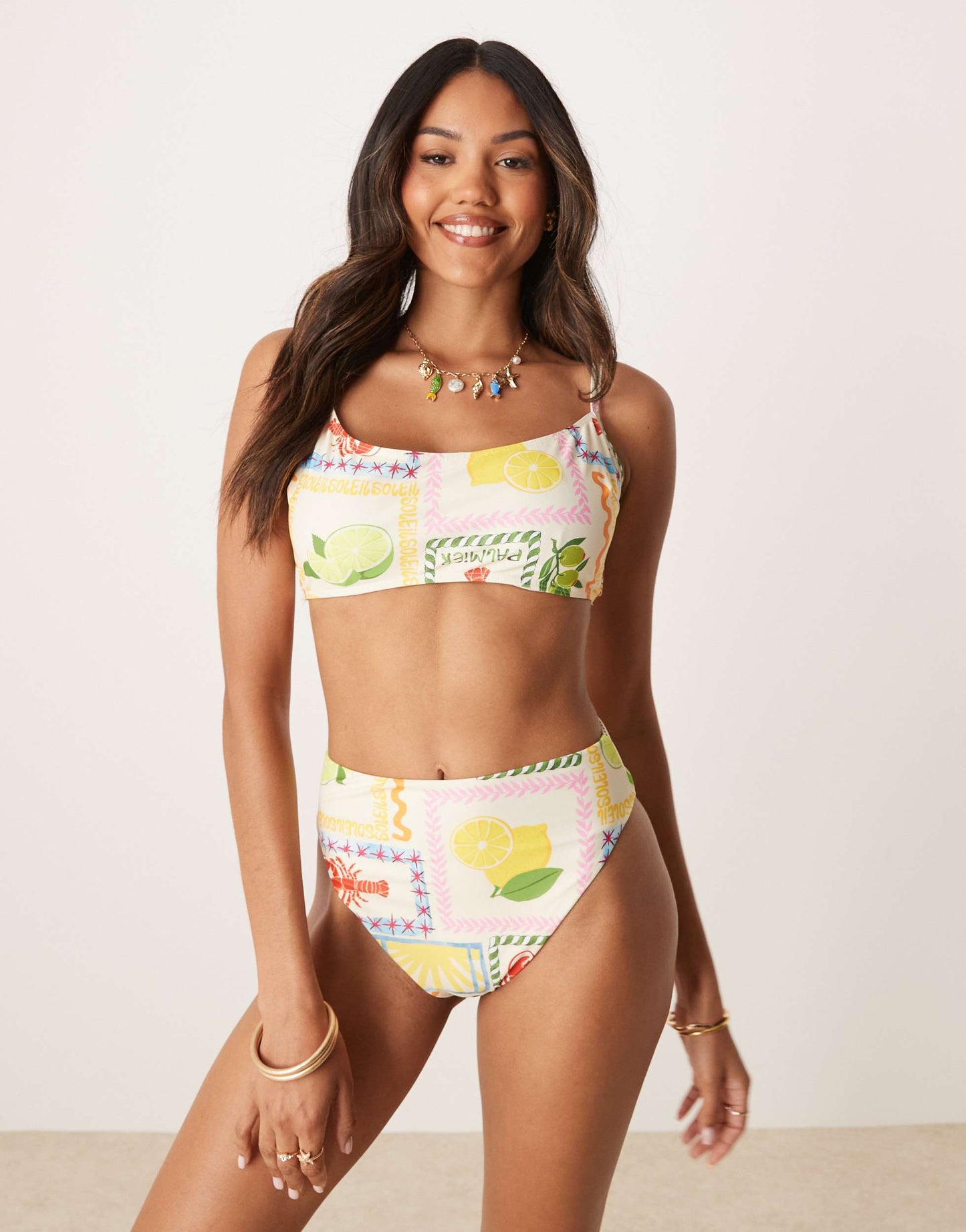 ASOS DESIGN Olive high leg high waist bikini bottom in tile print