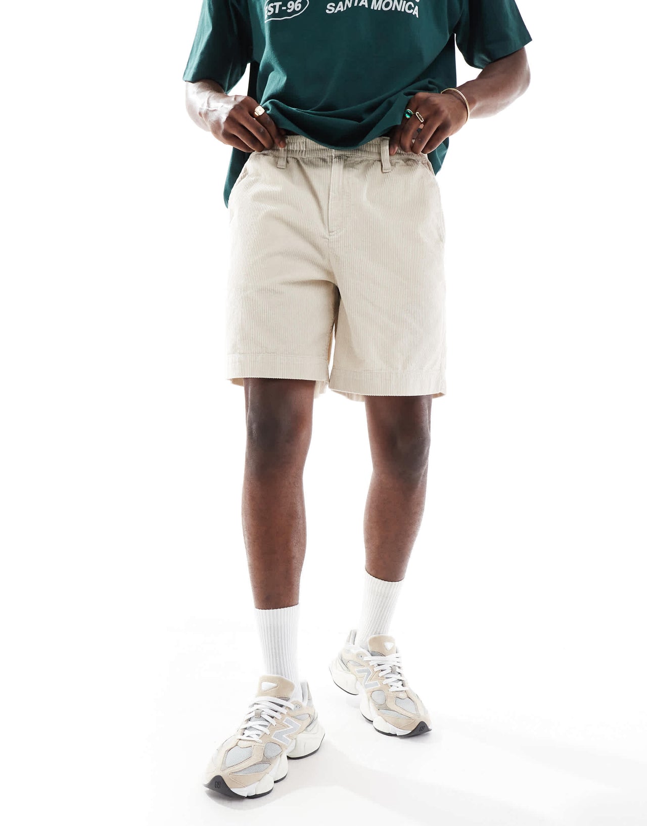 ASOS DESIGN corduroy shorts with workwear patch in stone