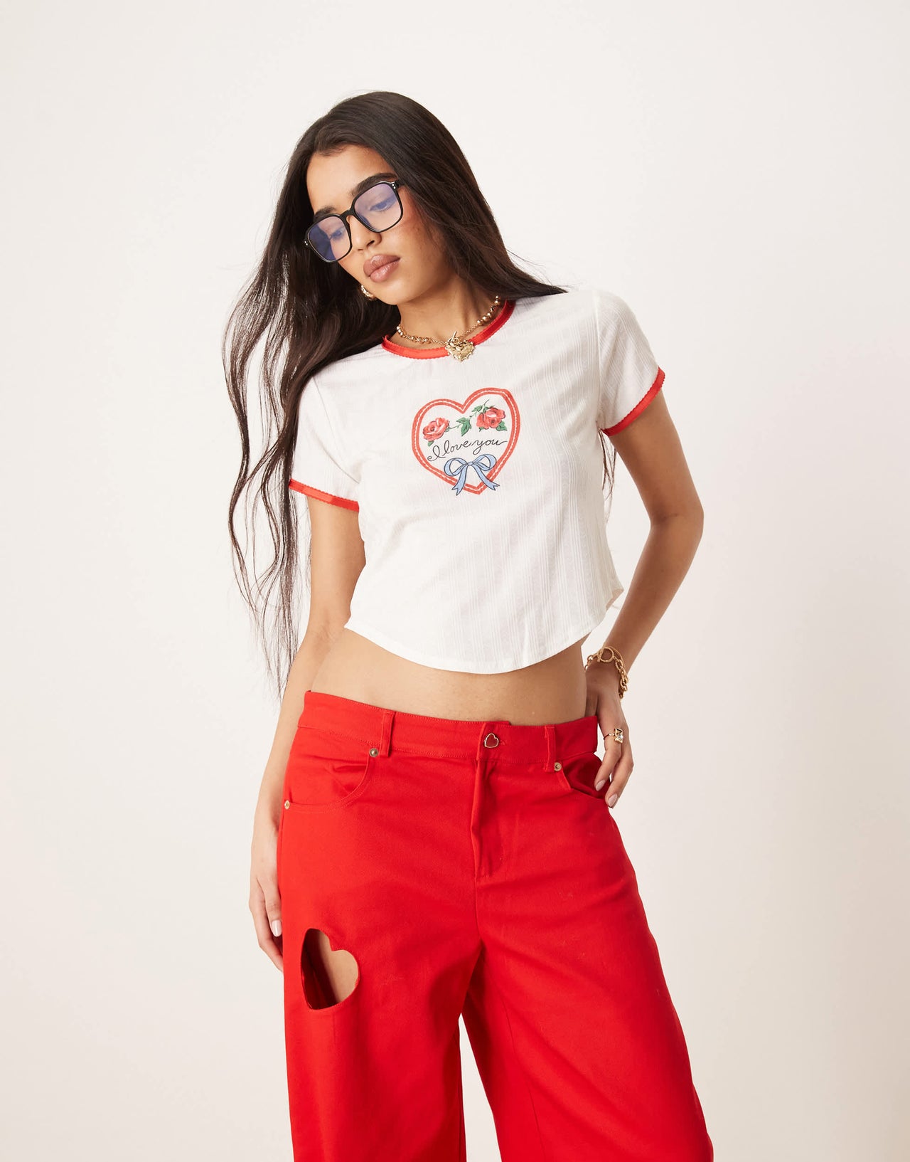 For Love & Lemons I love you heart baby tee in white and red co-ord