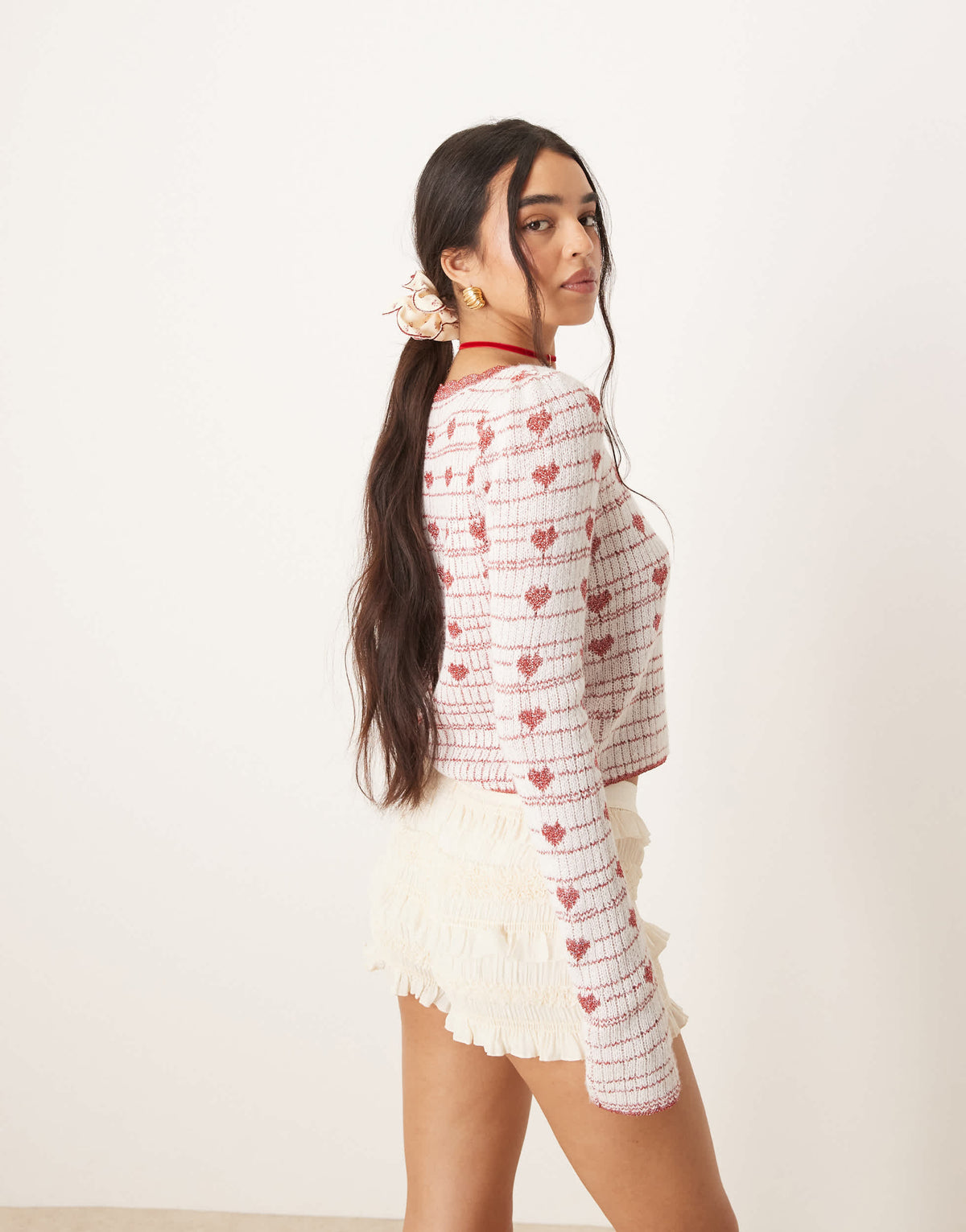 For Love & Lemons Candy Heart knit cardigan in cream and pink
