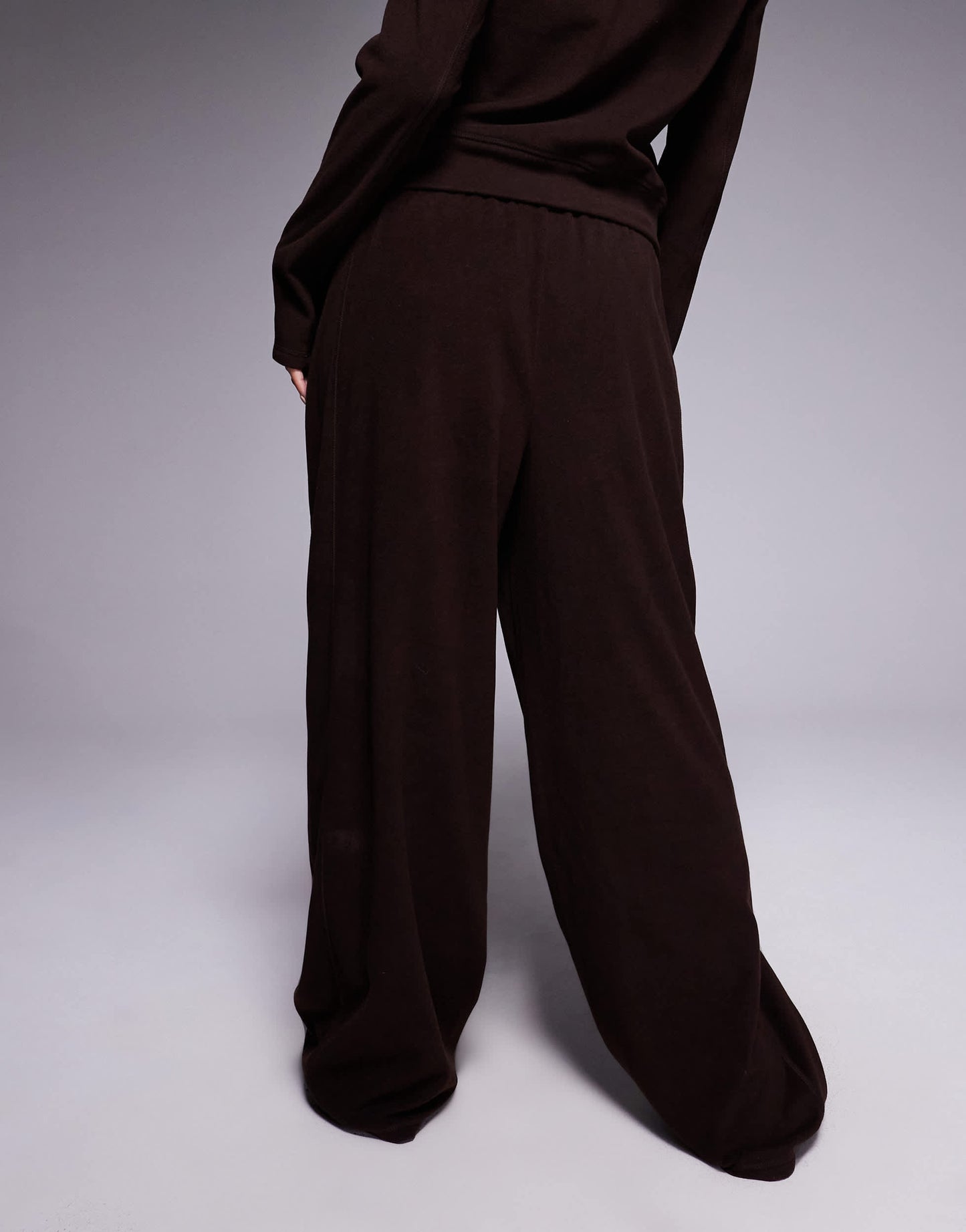 Weekend Collective stretch micro fleece co-ord wide leg trouser in chocolate