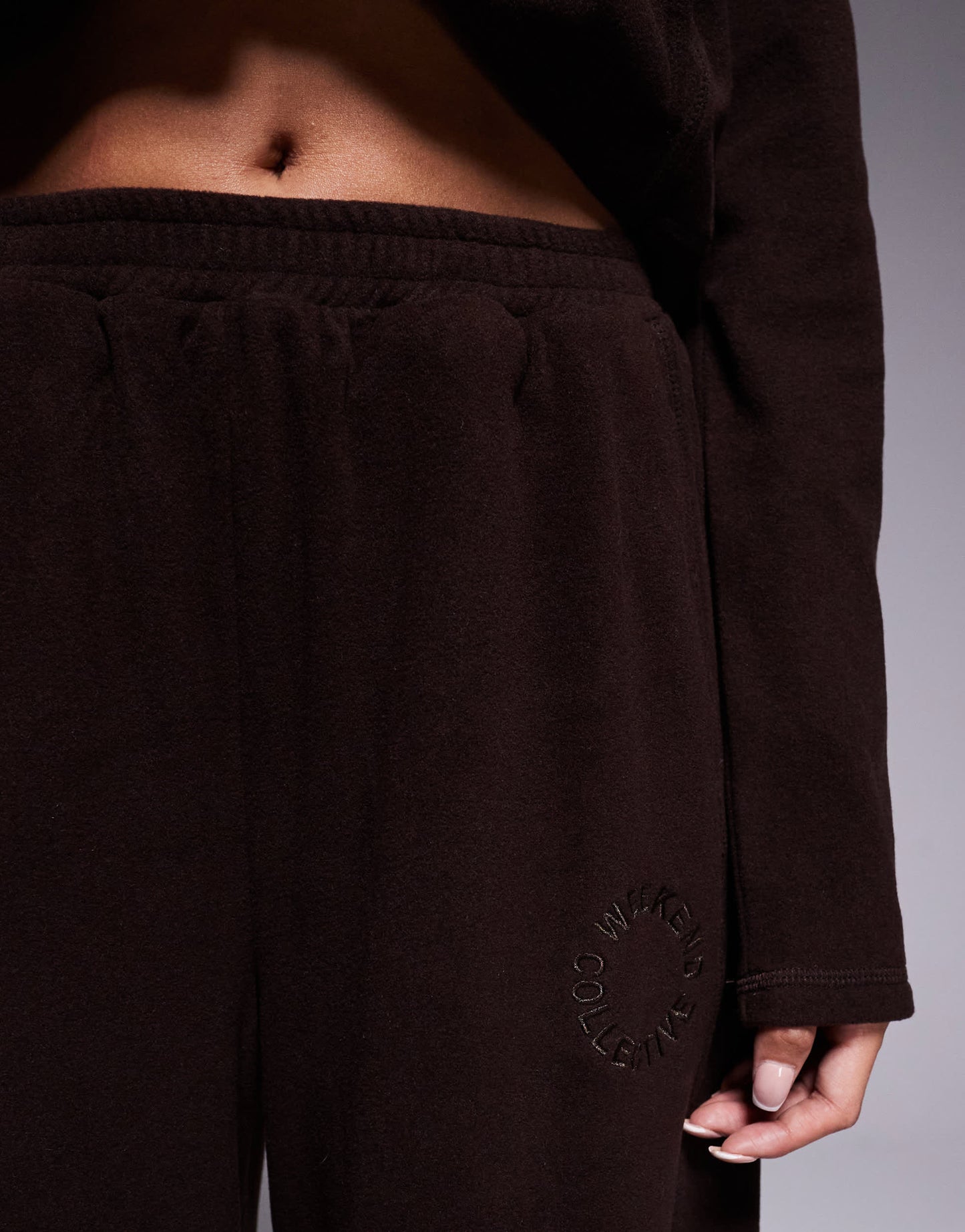 Weekend Collective stretch micro fleece co-ord wide leg trouser in chocolate