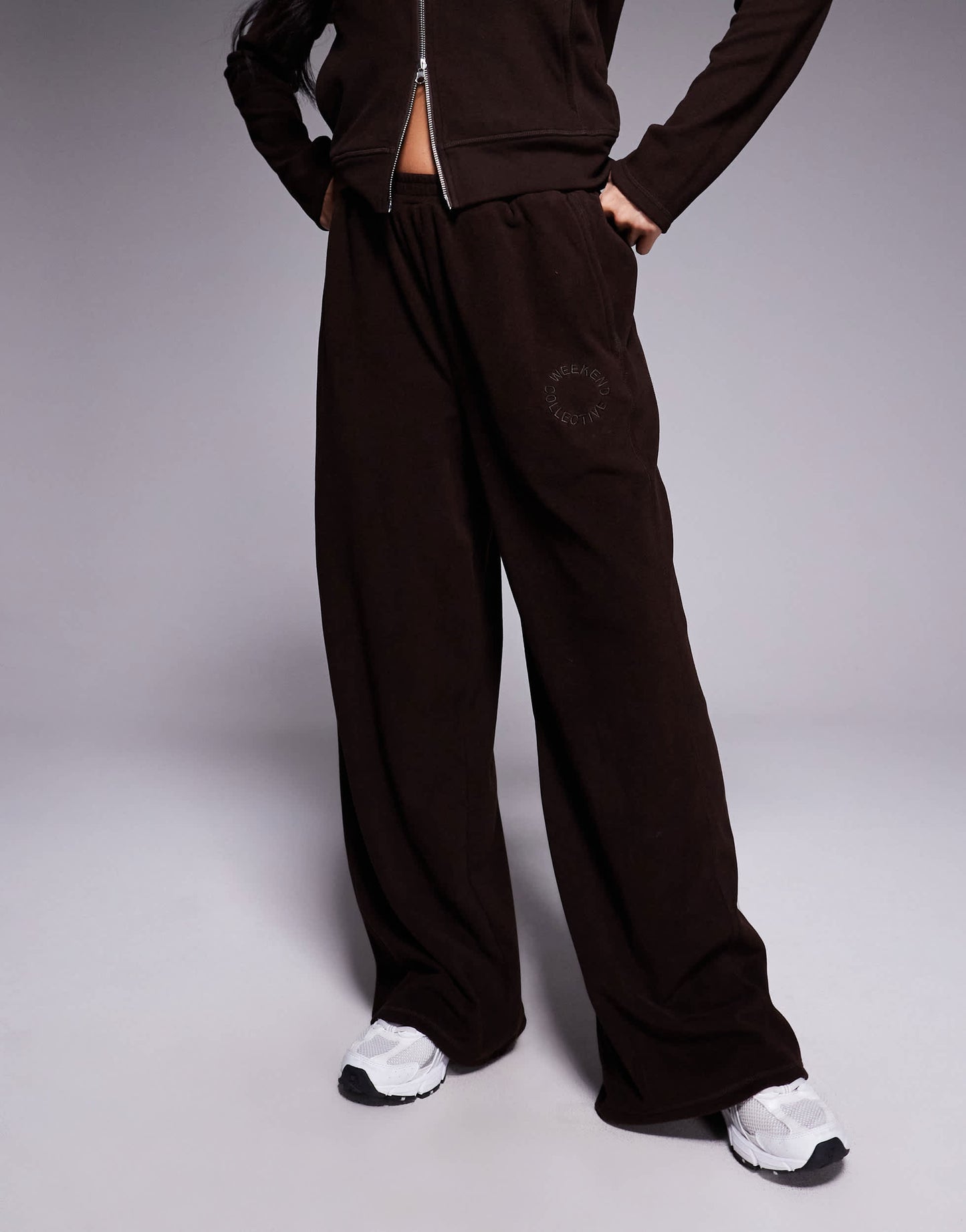 Weekend Collective stretch micro fleece co-ord wide leg trouser in chocolate
