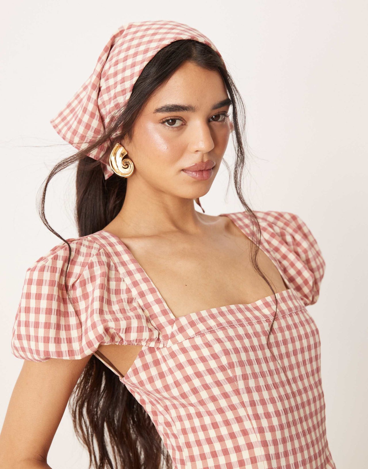 For Love & Lemons Georgia gingham puff sleeve mini dress in white and pink