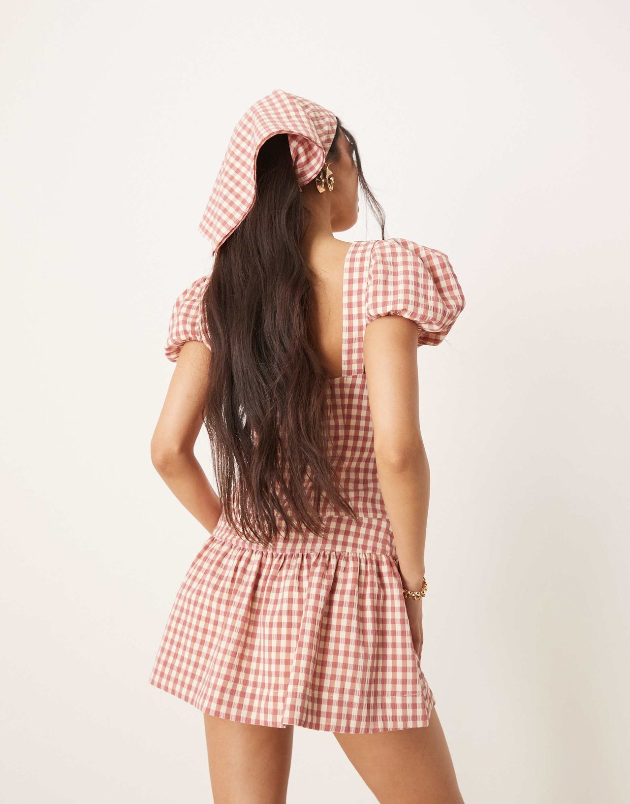 For Love & Lemons Georgia gingham puff sleeve mini dress in white and pink