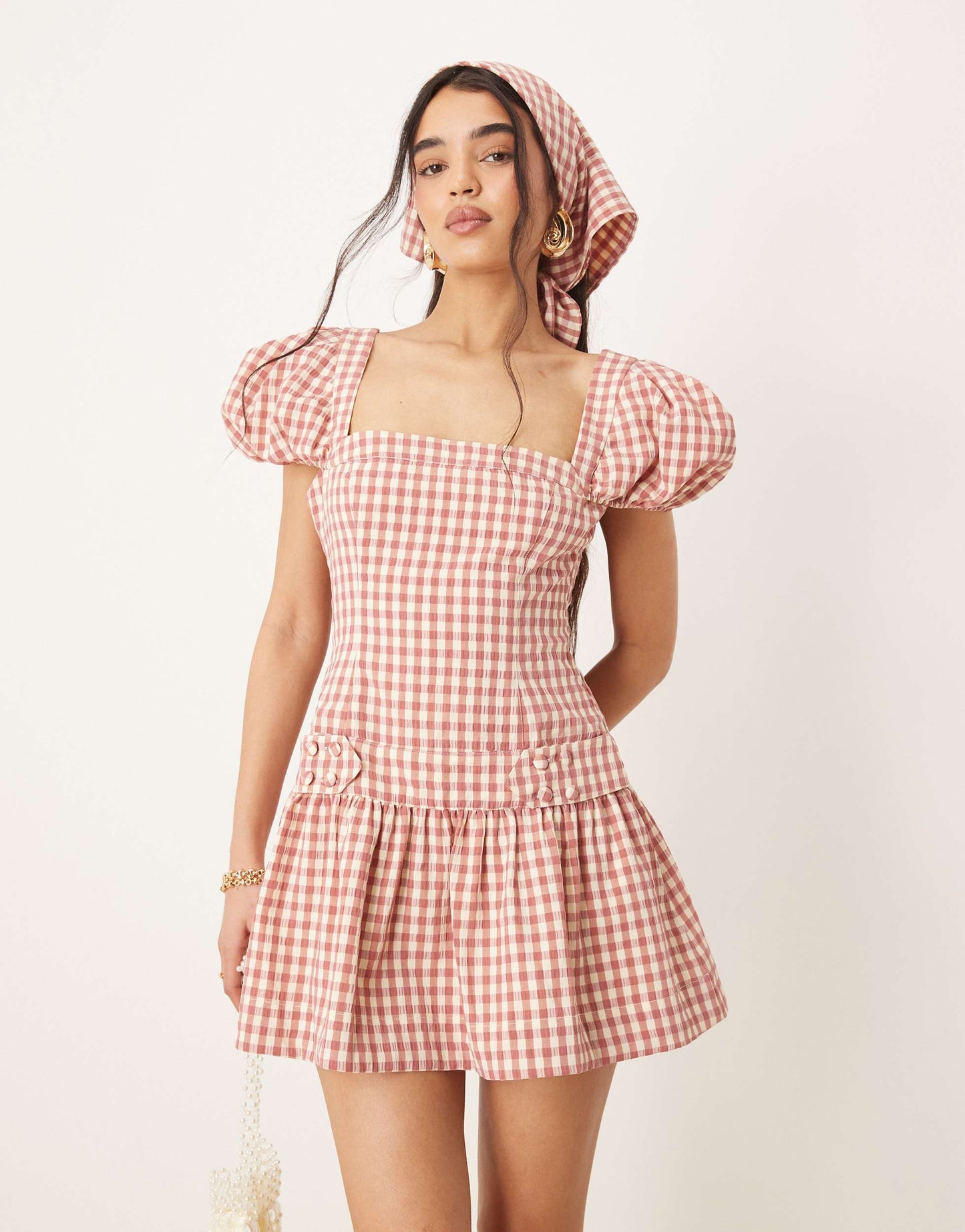 For Love & Lemons Georgia gingham puff sleeve mini dress in white and pink