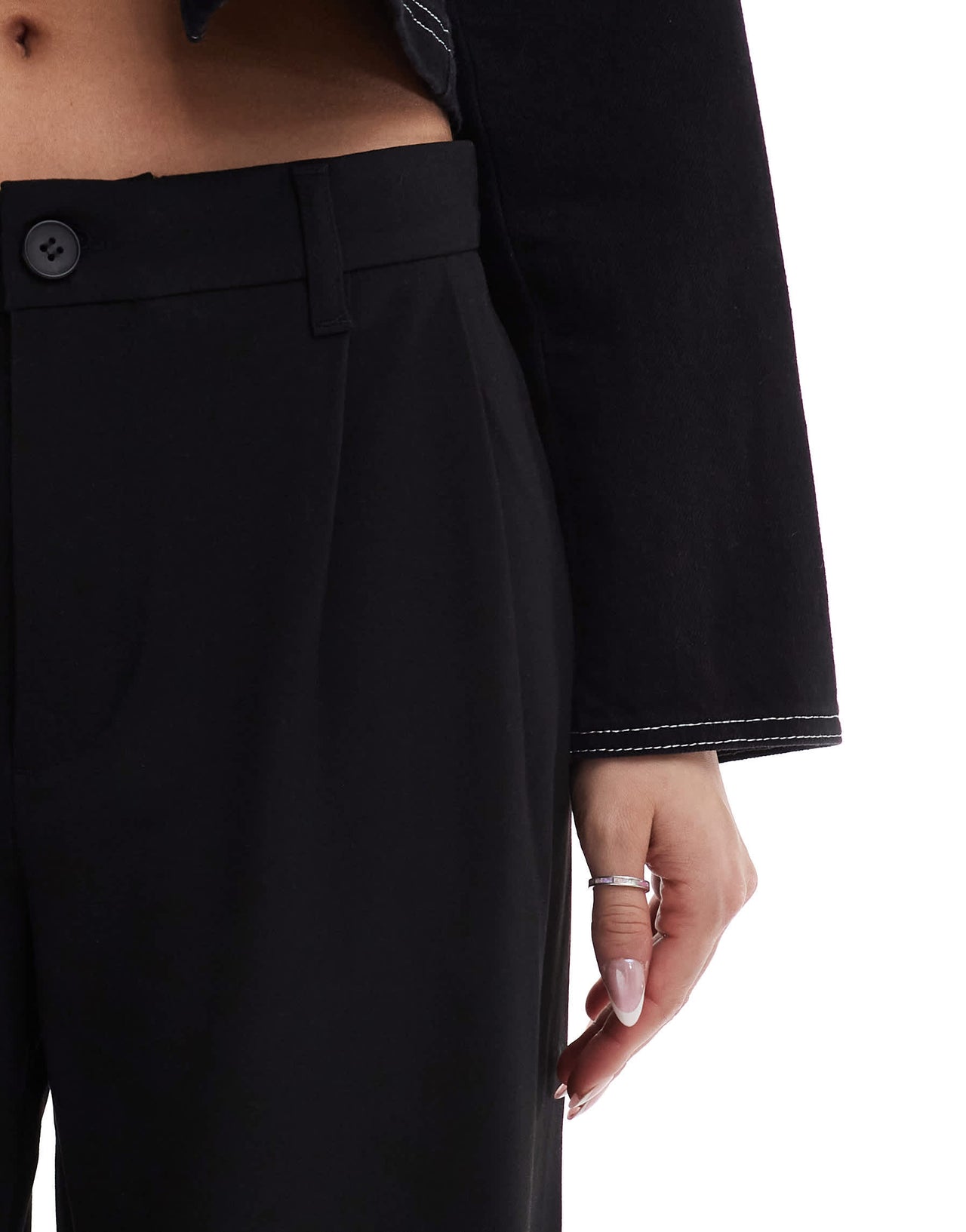 Bershka pleated front wide leg tailored trousers in black