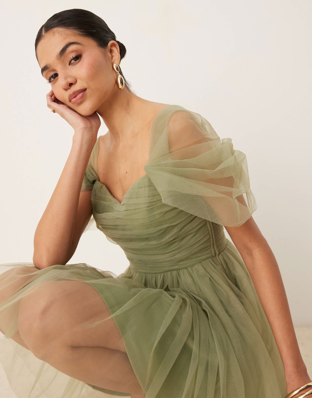 Lace & Beads off shoulder tulle mini dress in soft olive