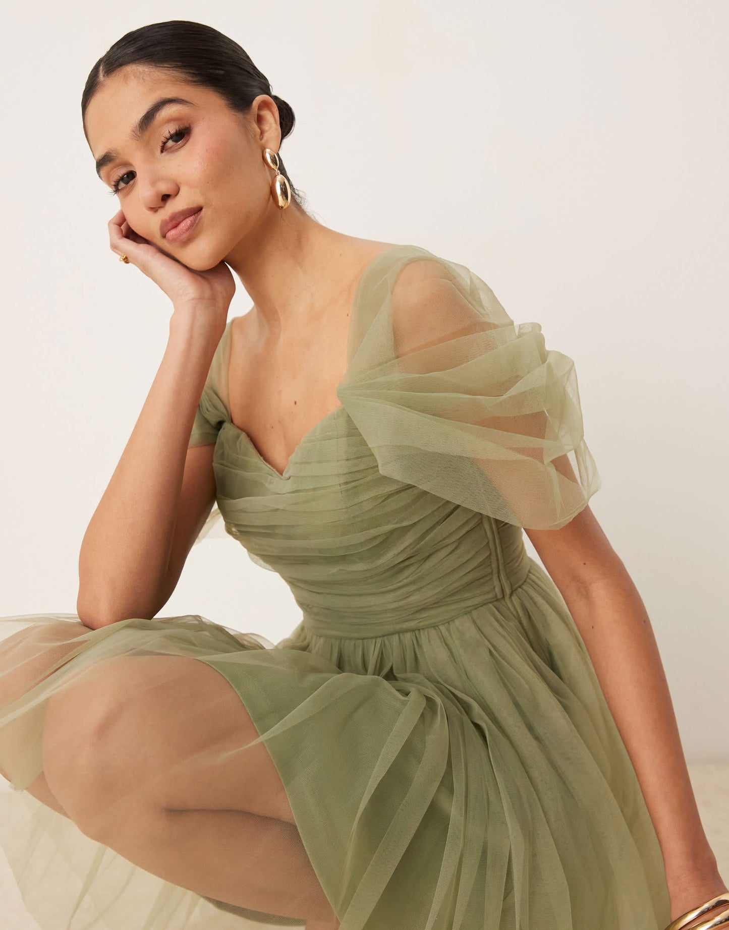 Lace & Beads off shoulder tulle mini dress in soft olive