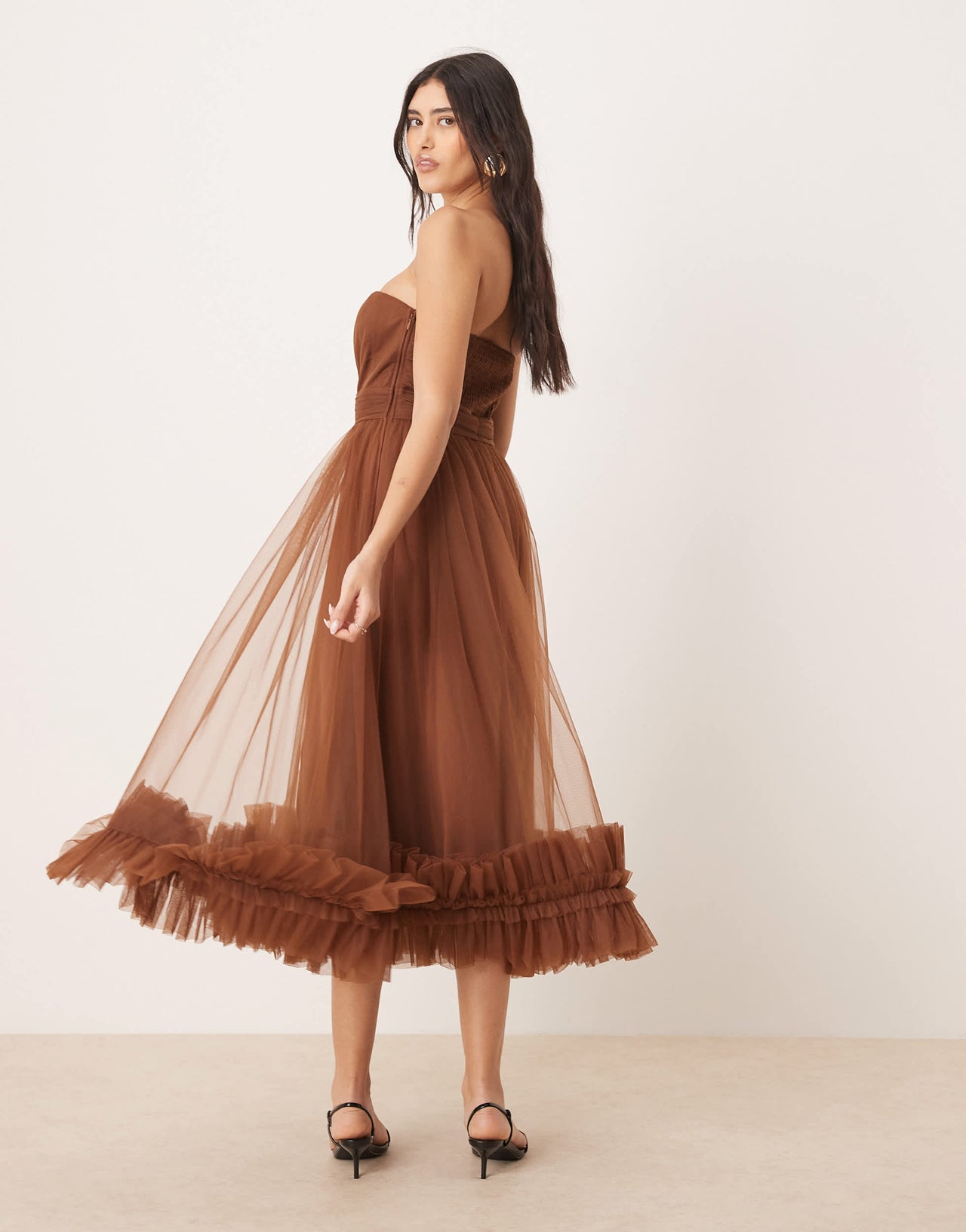 Lace & Beads corset tulle ruffle hem midaxi dress in brown