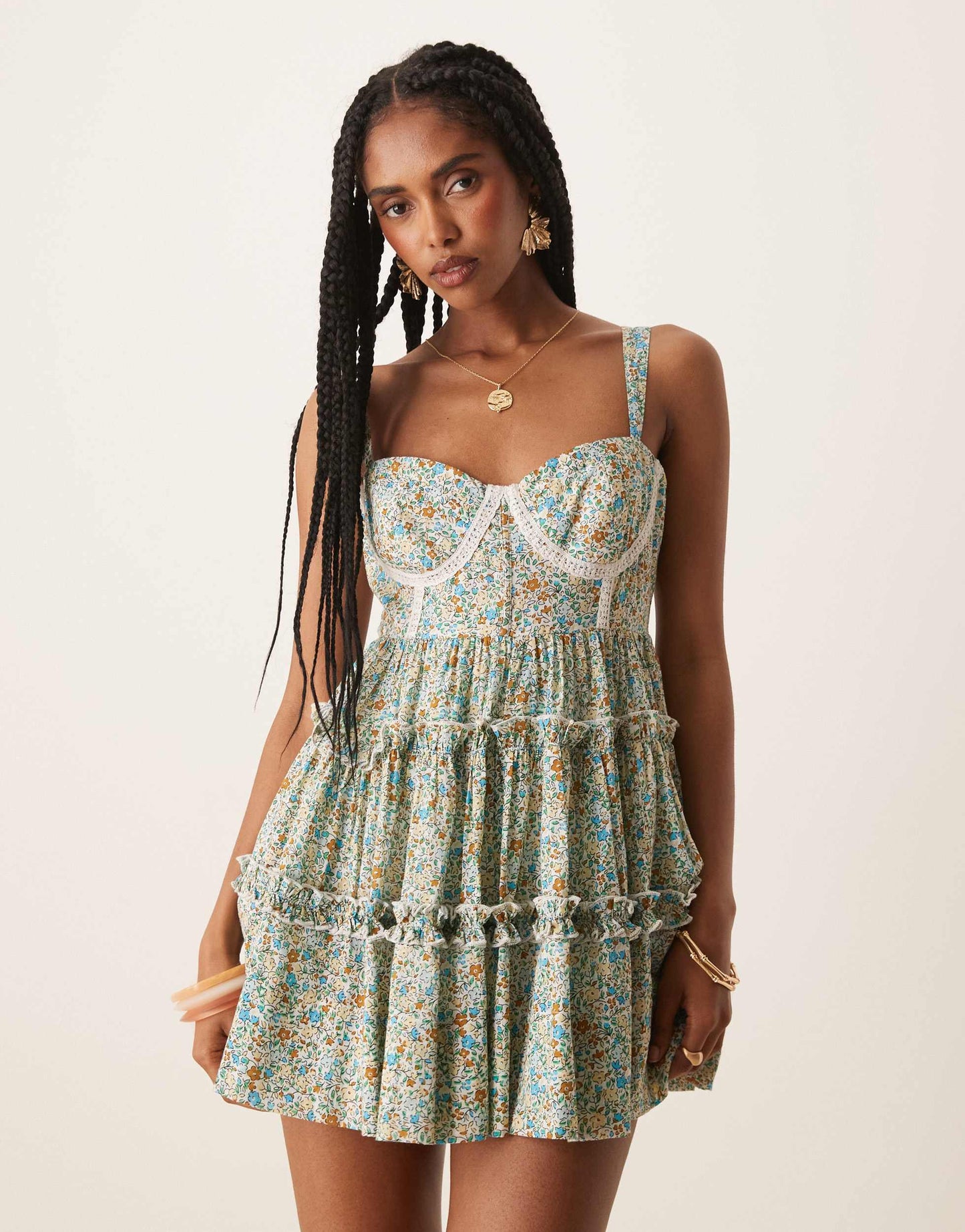 Lace & Beads lace trim corset ruffle mini dress in ditsy floral