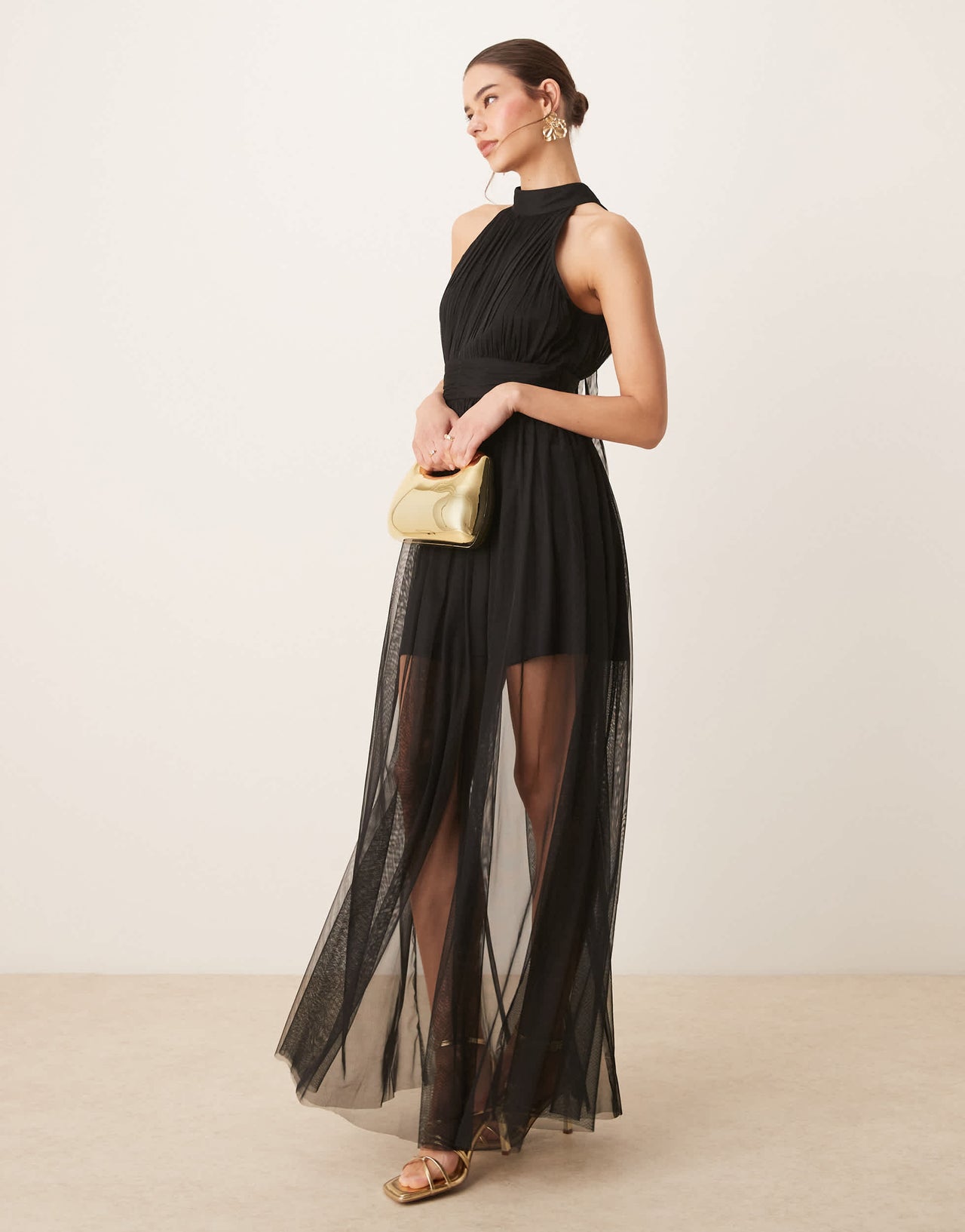 Lace & Beads halter neck tulle sheer skirt maxi dress in black - BLACK
