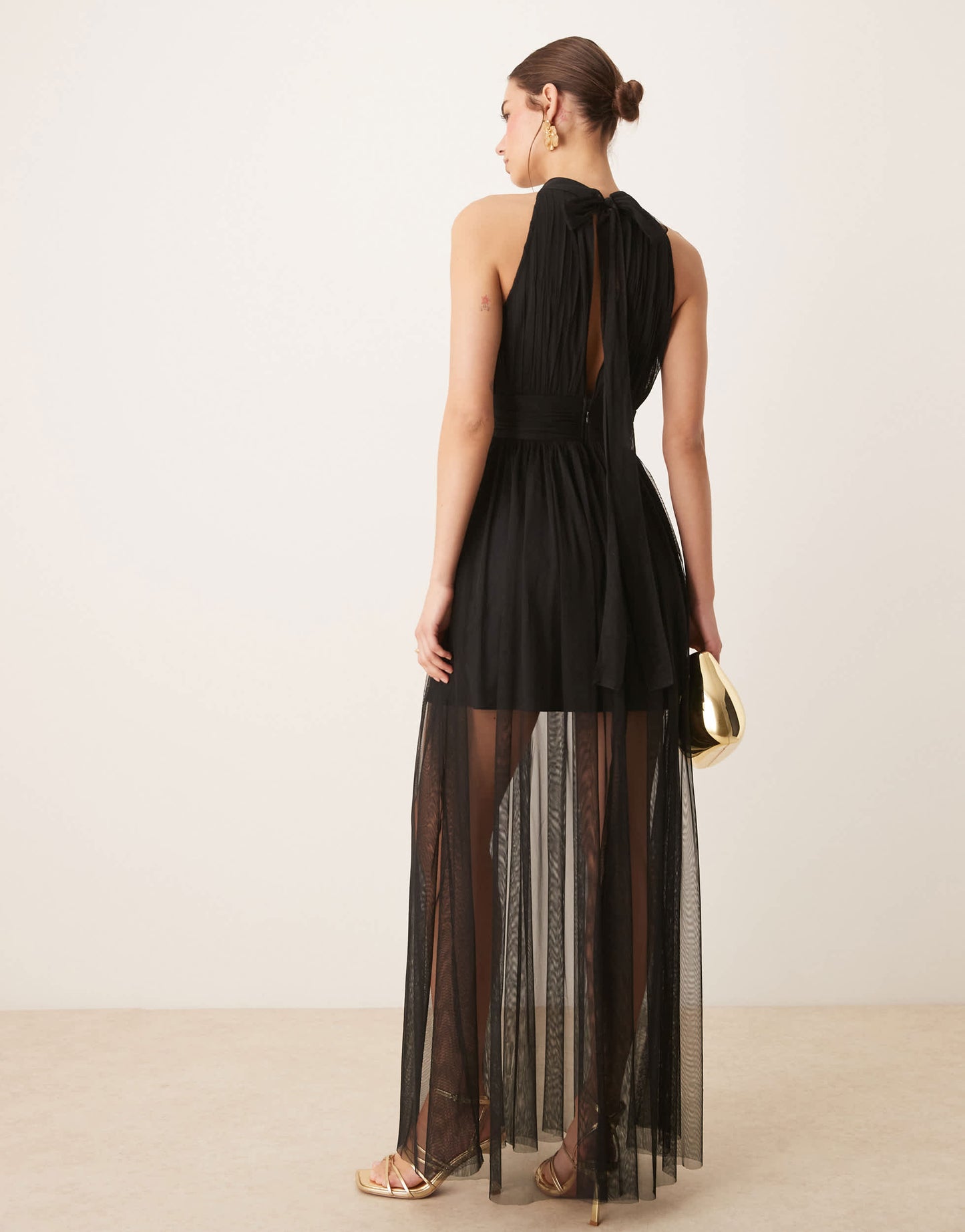 Lace & Beads halter neck tulle sheer skirt maxi dress in black - BLACK