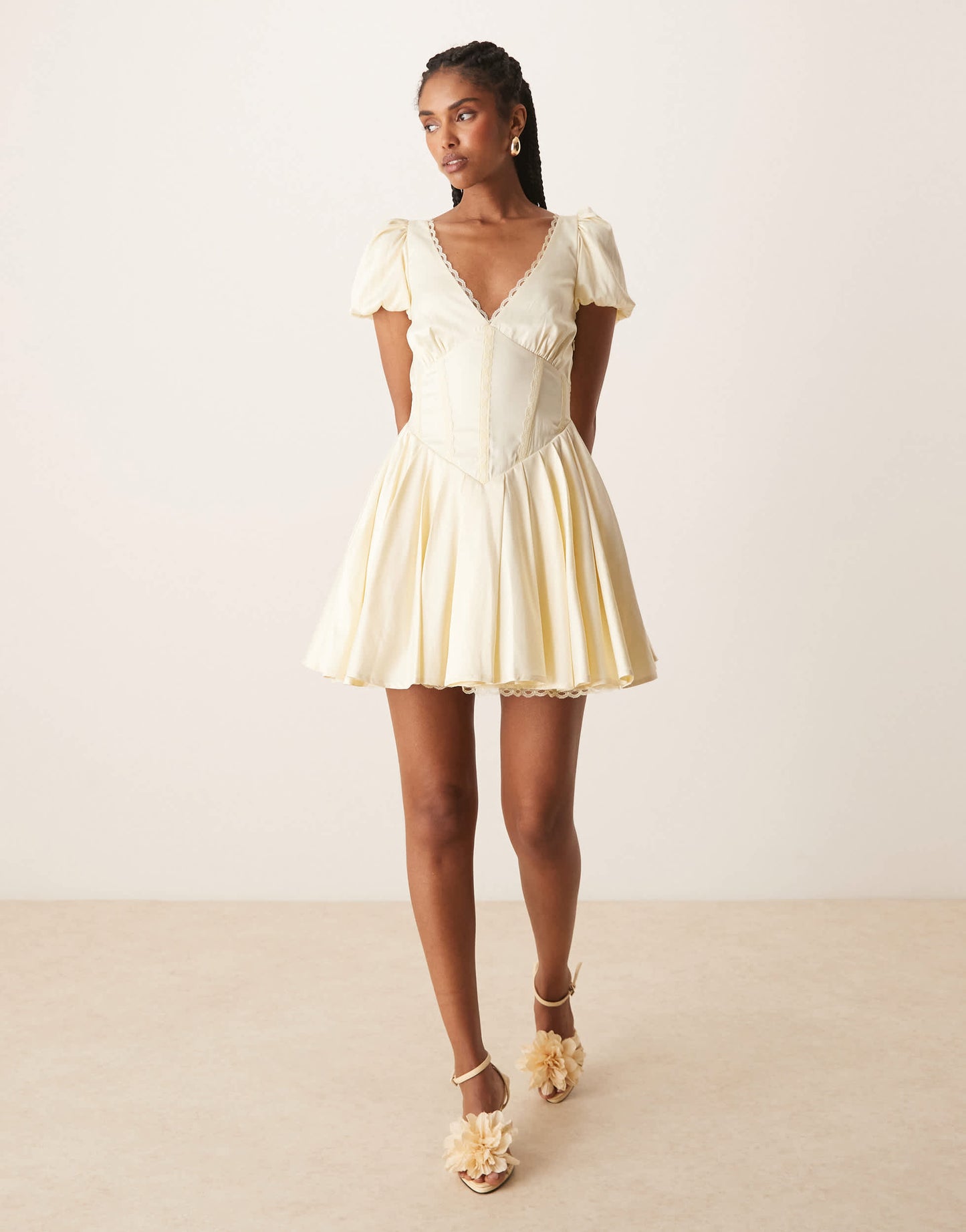 Lace & Beads puff sleeve satin corset mini dress in butter yellow