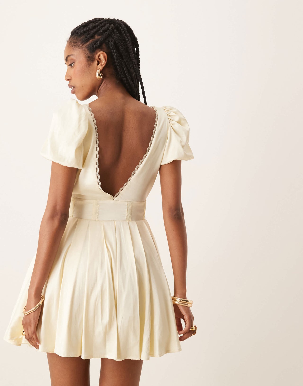 Lace & Beads puff sleeve satin corset mini dress in butter yellow