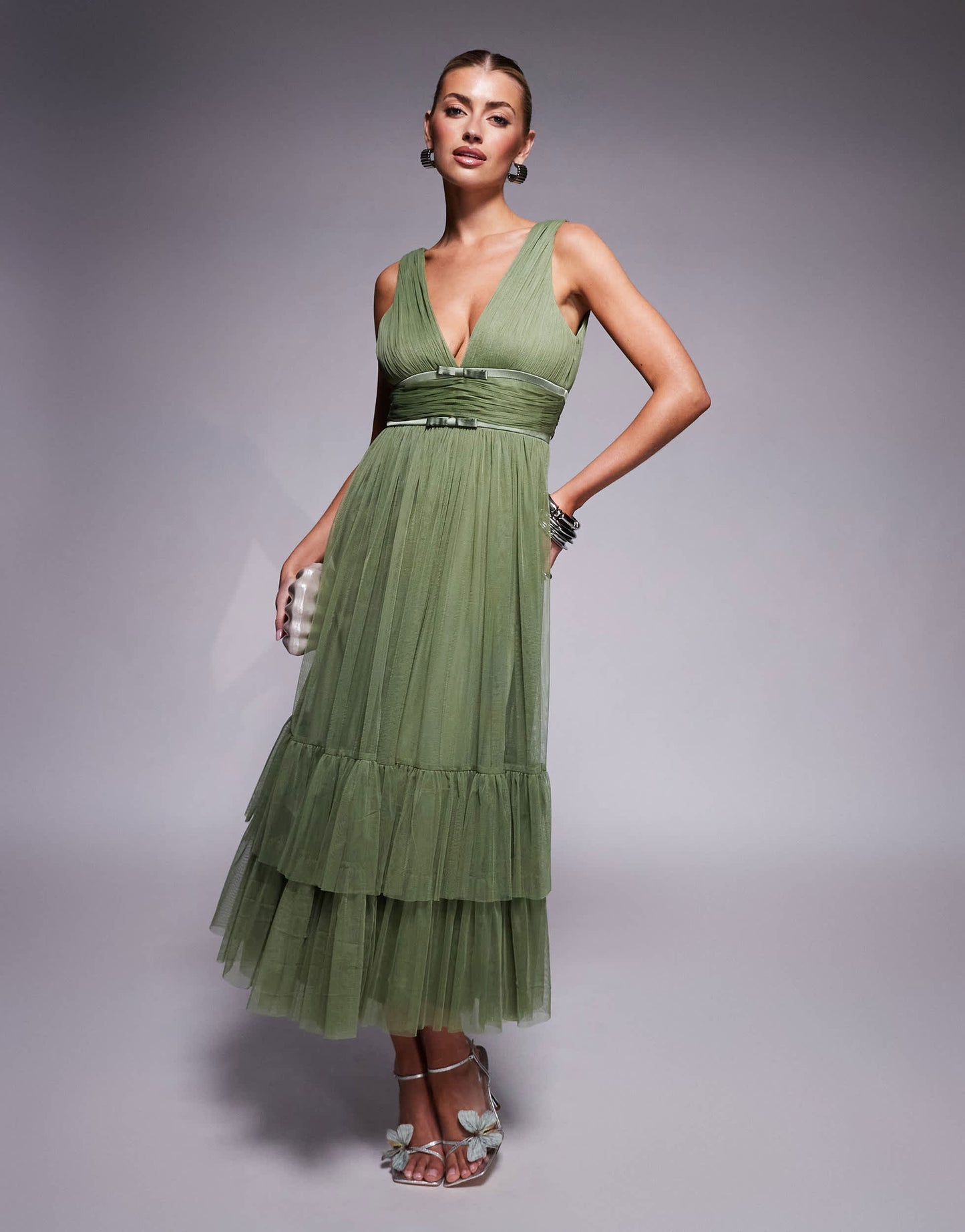 Lace & Beads bow waist tiered tulle midaxi dress in soft olive