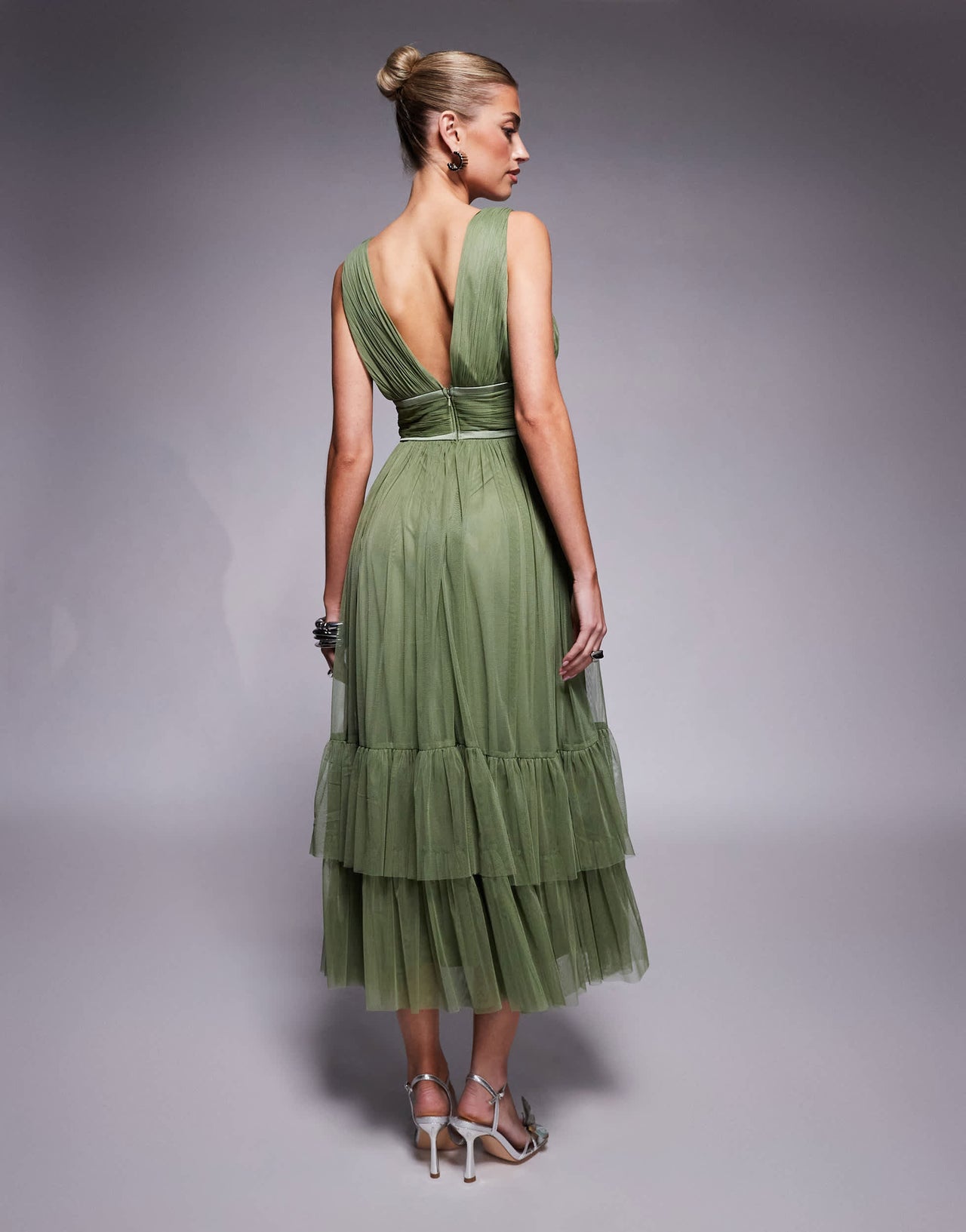 Lace & Beads bow waist tiered tulle midaxi dress in soft olive