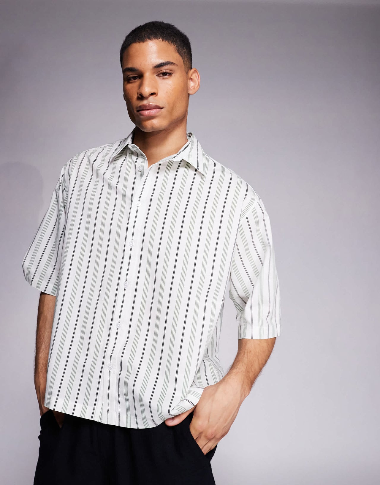 ASOS DESIGN boxy regular shirt in white and green stripe