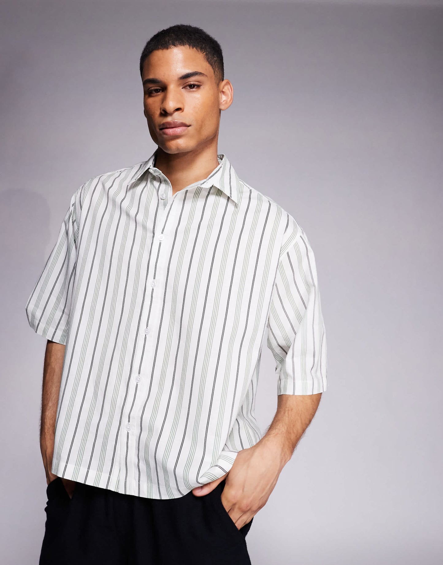 ASOS DESIGN boxy regular shirt in white and green stripe